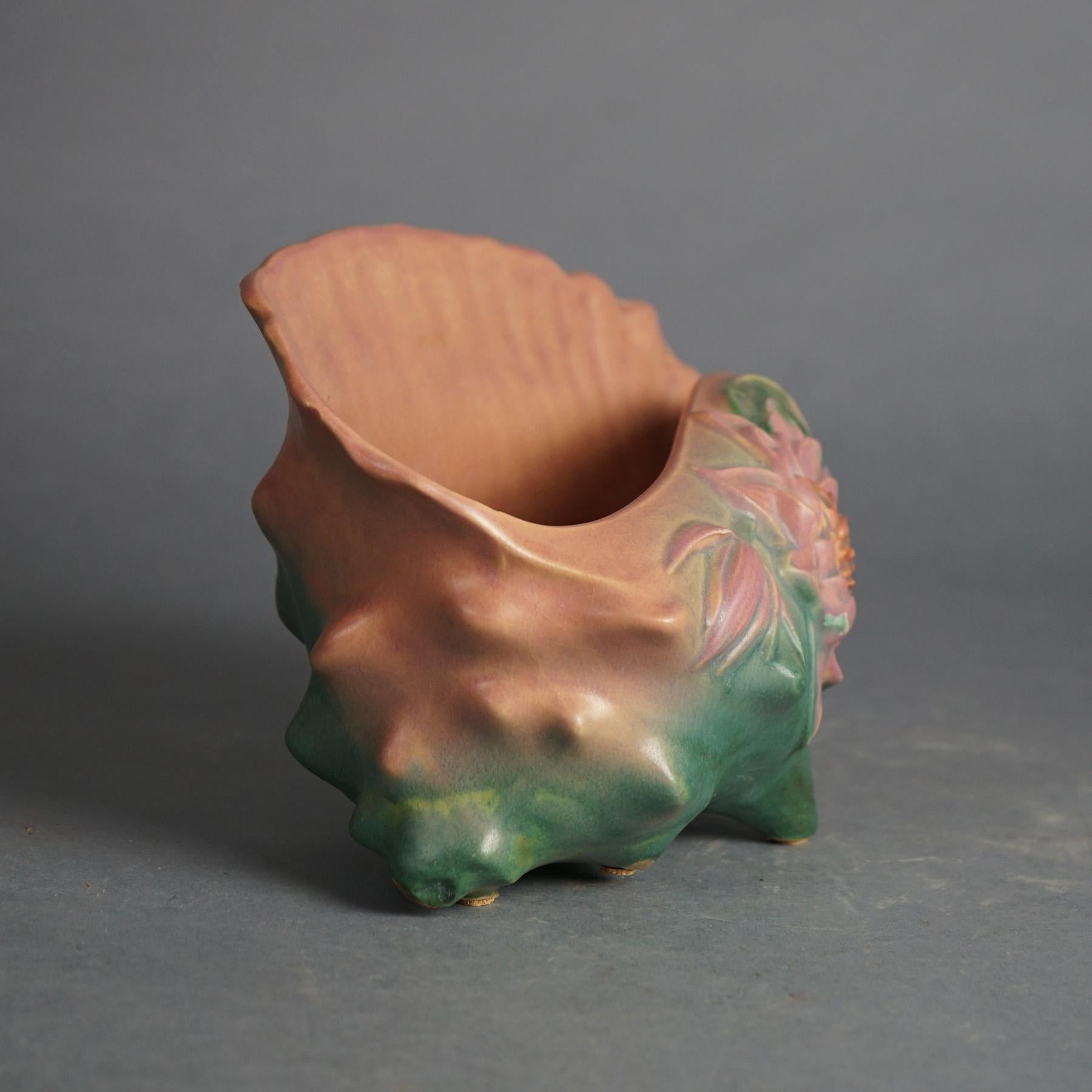 Arts and Crafts Roseville Art Pottery Conch Shell, Water Lily in Pink, Signed, C1943