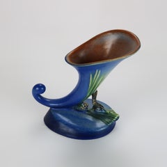 Roseville Art Pottery Dark Blue Cornucopia Vase With Pinecone Pattern Mid 20thC