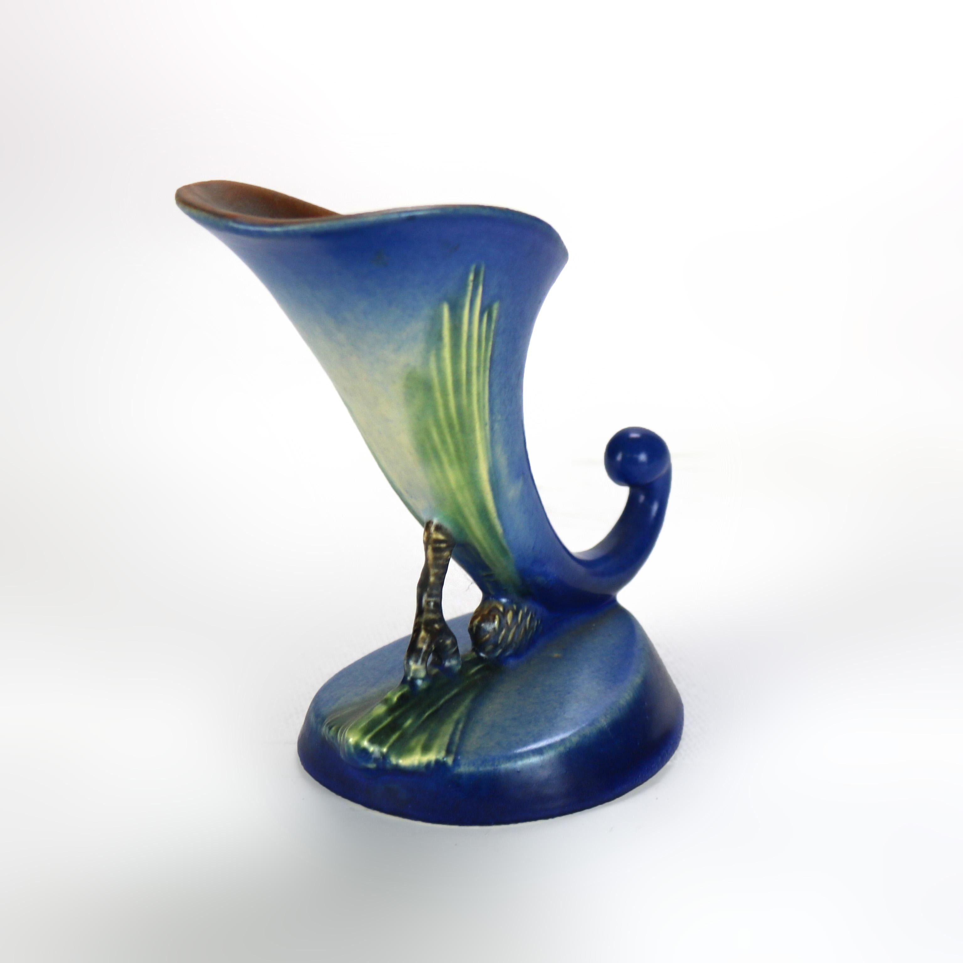 Roseville Art Pottery Dark Blue Cornucopia Vase With Pinecone Pattern Mid 20thC In Good Condition In Big Flats, NY