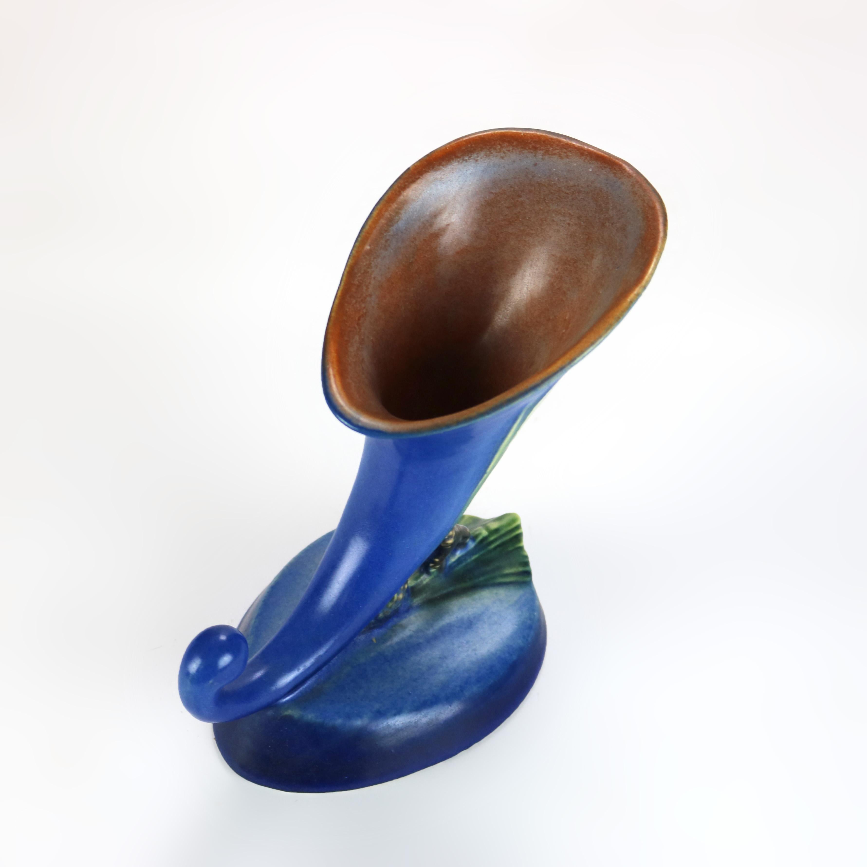 Roseville Art Pottery Dark Blue Cornucopia Vase With Pinecone Pattern Mid 20thC 2