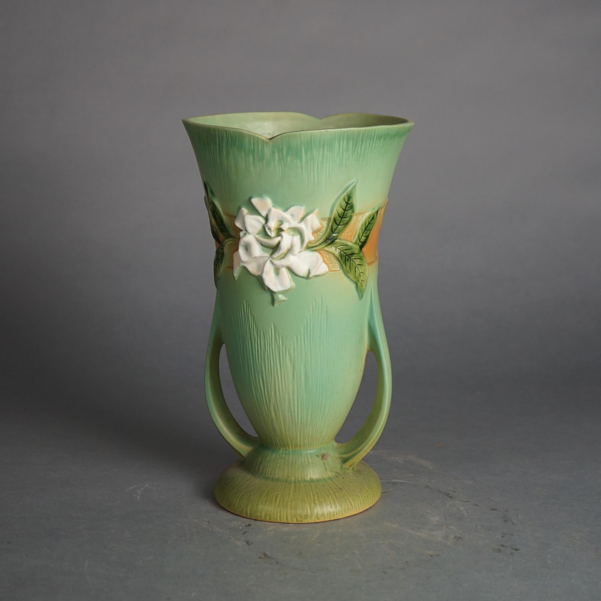 Roseville Art Pottery Double Handled & Footed Vase, Gardenia in Green, C1950

Measures - 12.5