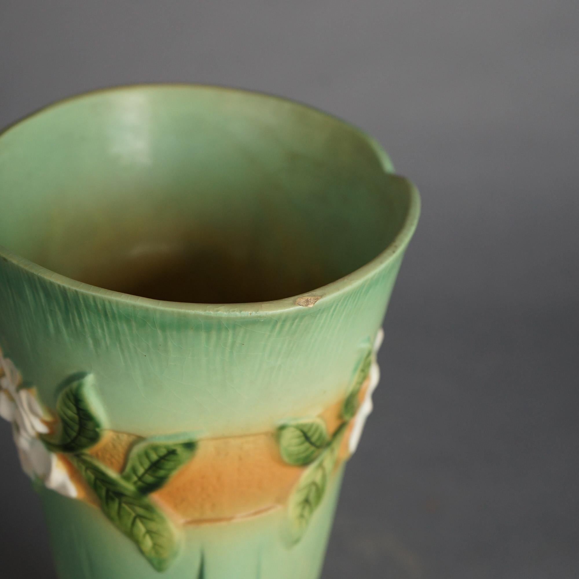 Arts and Crafts Roseville Art Pottery Double Handled & Footed Vase, Gardenia in Green, C1950
