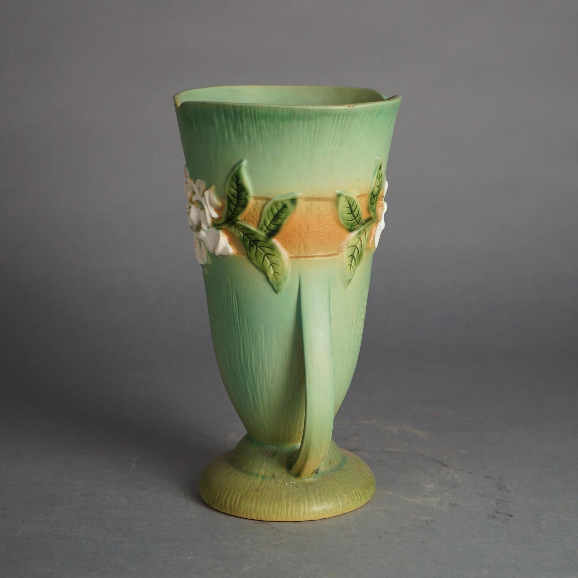 Roseville Art Pottery Double Handled & Footed Vase, Gardenia in Green, C1950 In Good Condition In Big Flats, NY