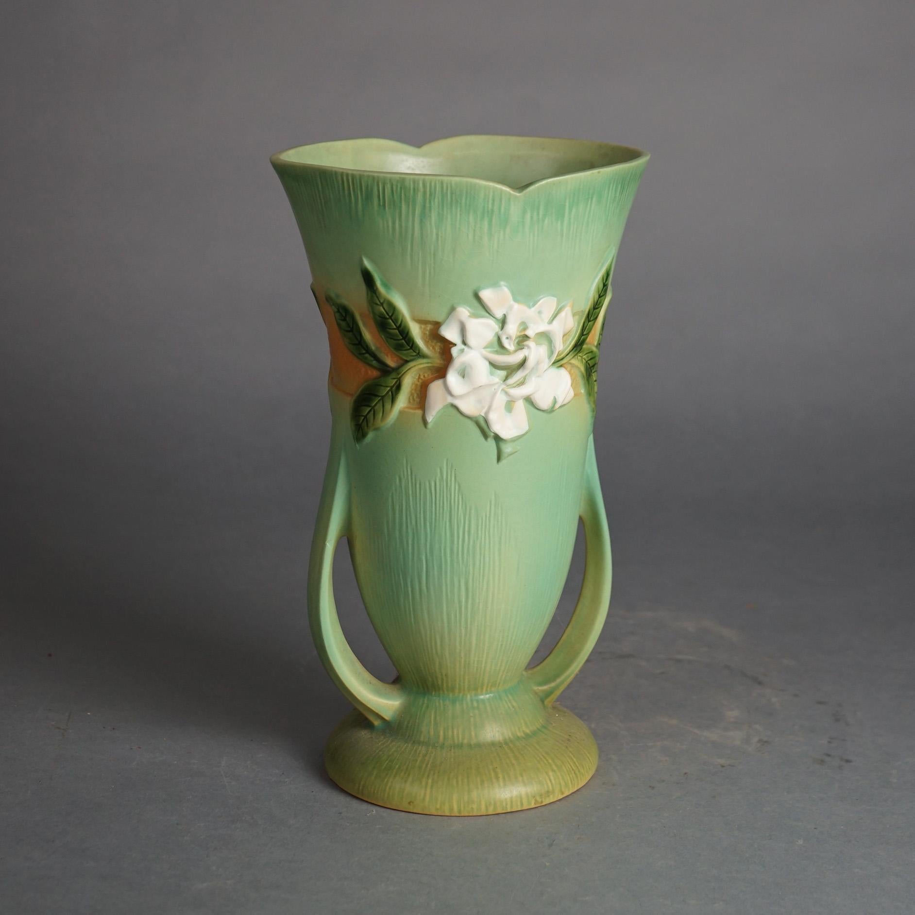 Roseville Art Pottery Double Handled & Footed Vase, Gardenia in Green, C1950 1