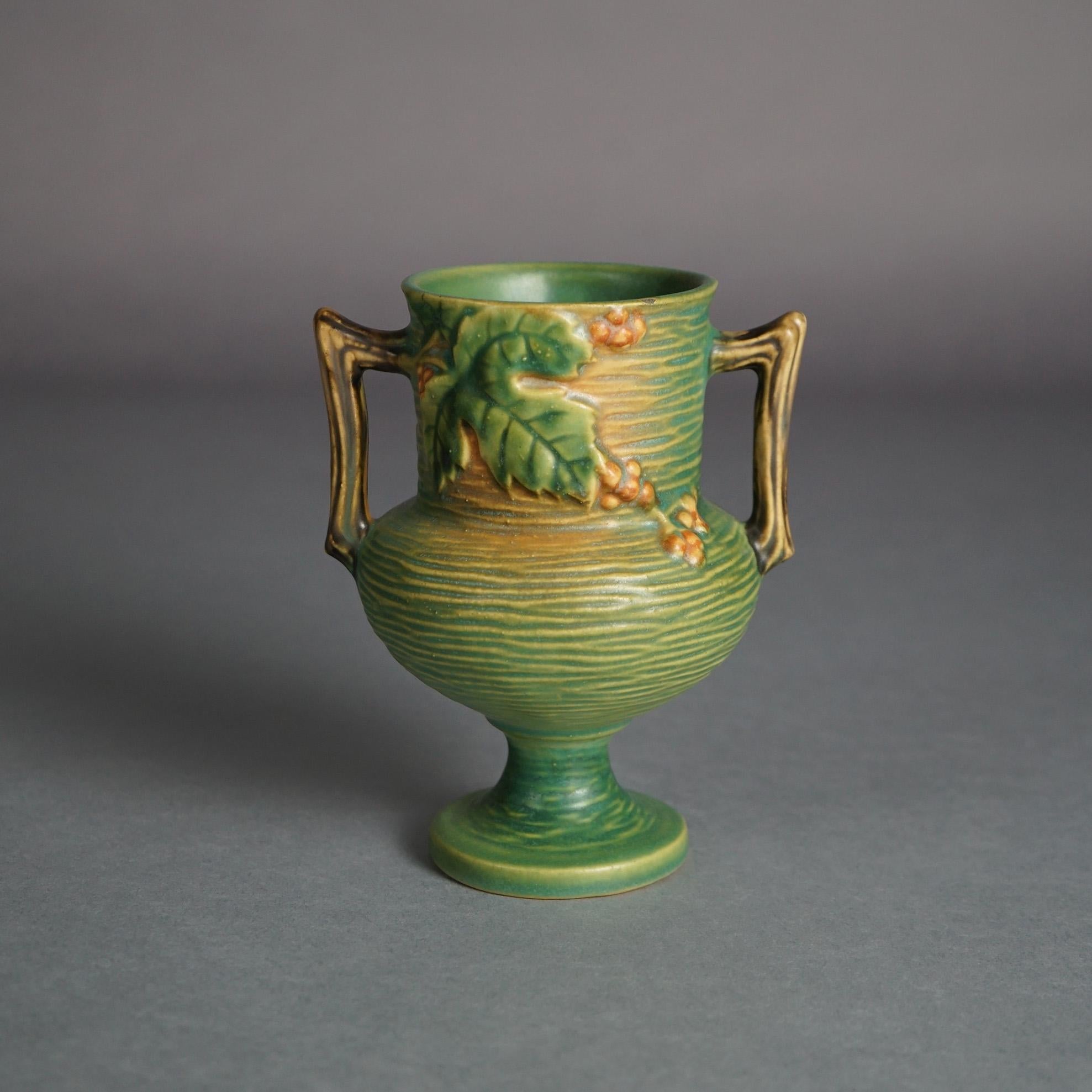 Roseville Art Pottery Double Handled Vase, Bushberry in Green, Signed, C1941

Measures - 6.5