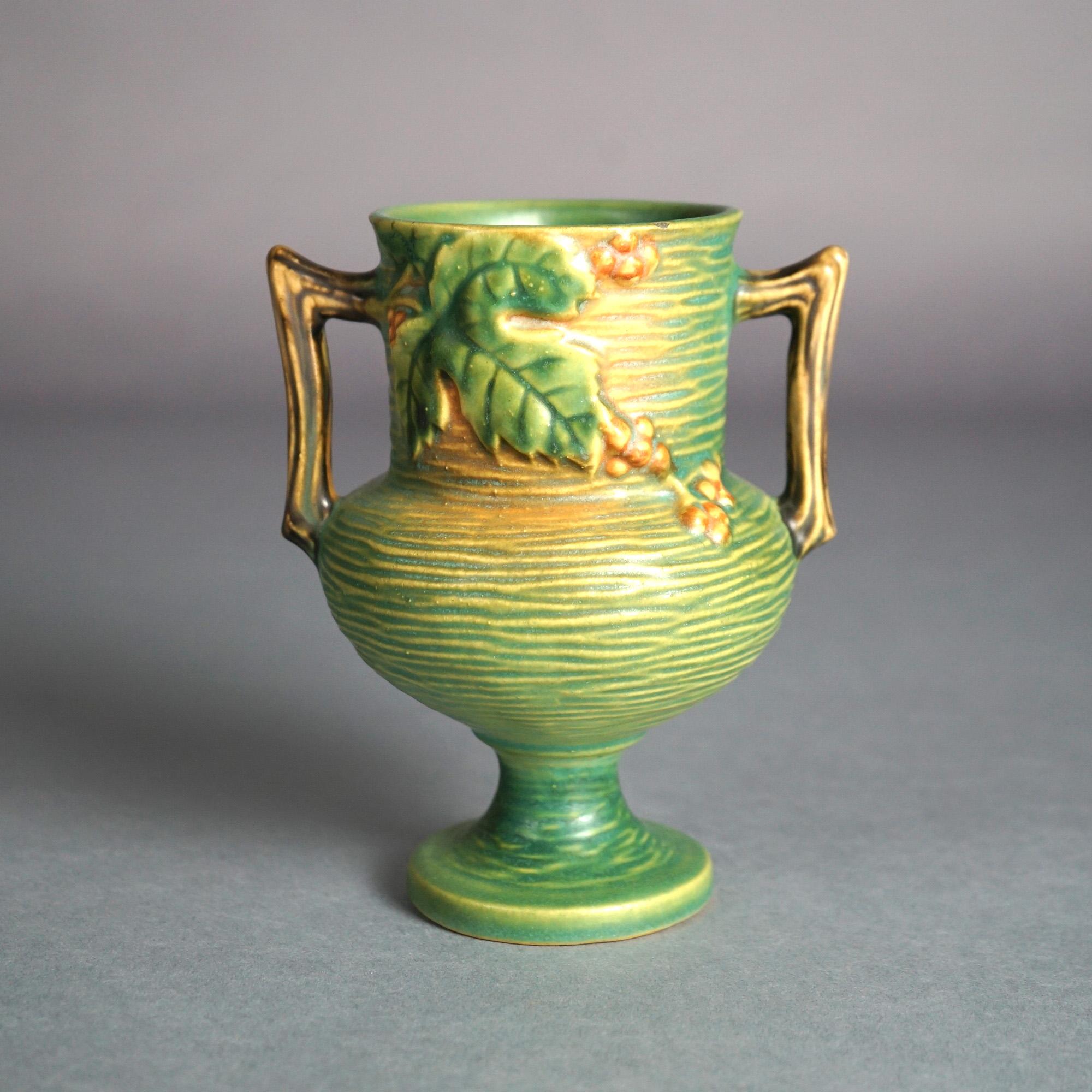 Arts and Crafts Roseville Art Pottery Double Handled Vase, Bushberry in Green, C1941