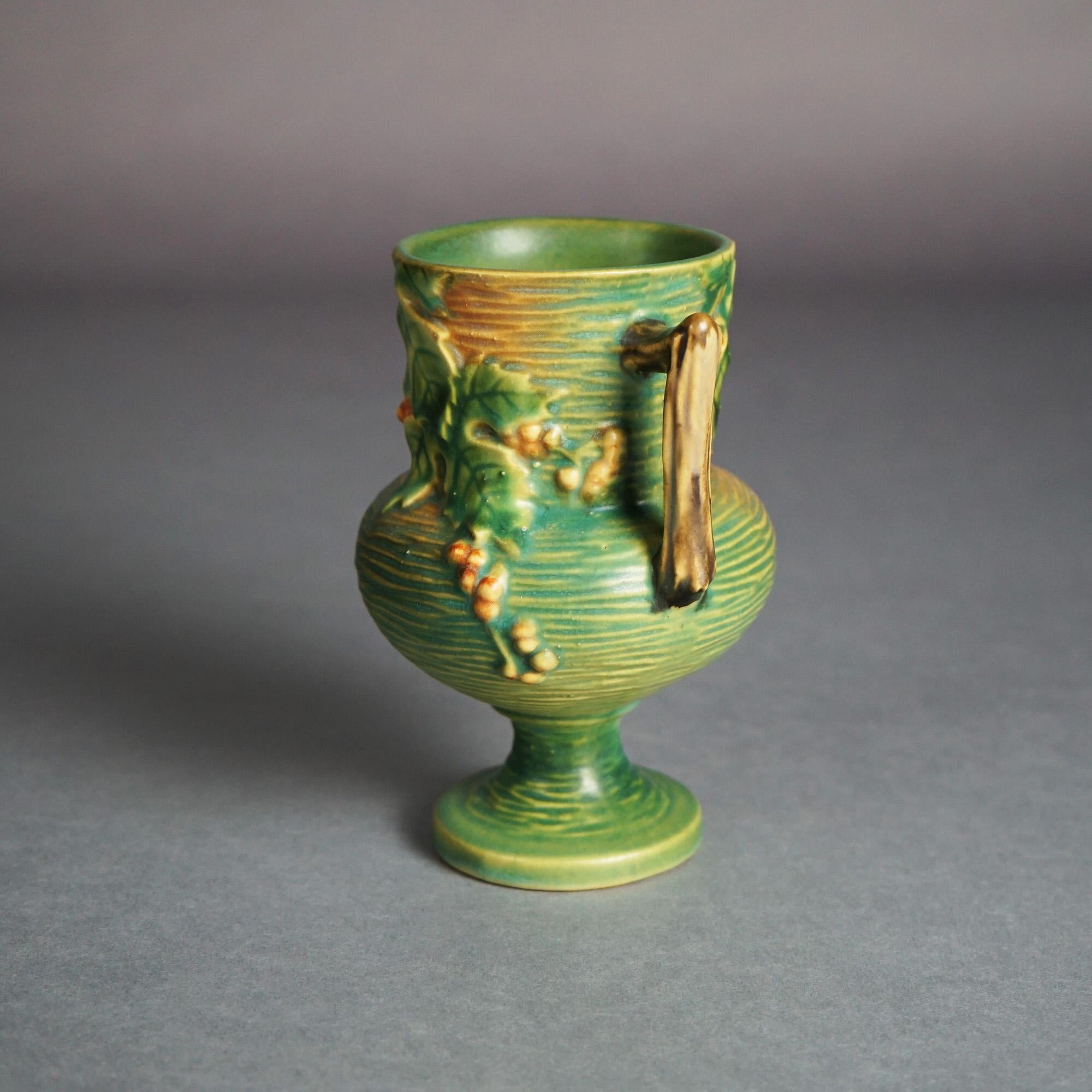 American Roseville Art Pottery Double Handled Vase, Bushberry in Green, C1941