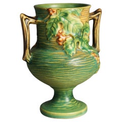 Vintage Roseville Art Pottery Double Handled Vase, Bushberry in Green, C1941
