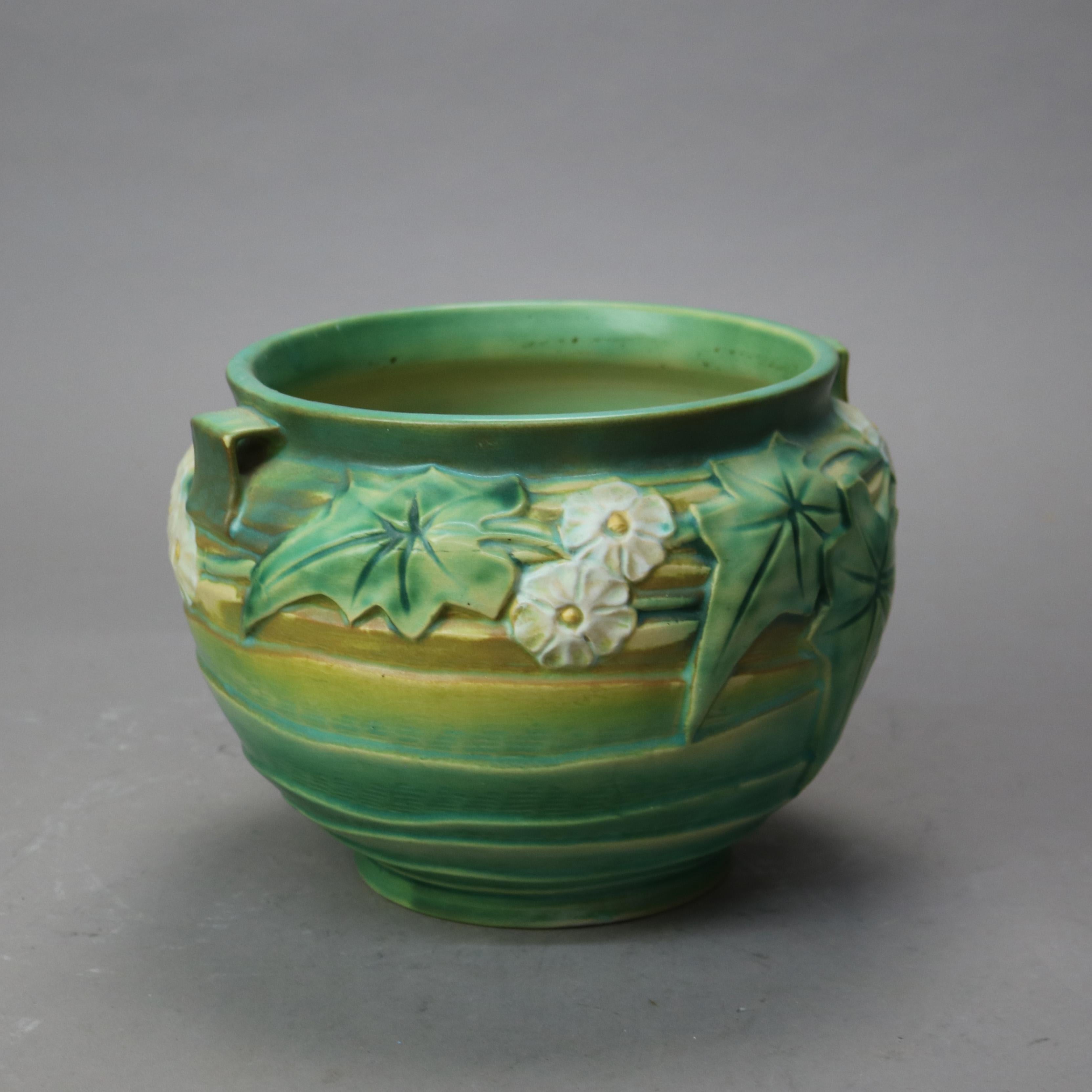 Roseville Art Pottery Green Jardiniere with Luffa Pattern Mid 20thC In Good Condition In Big Flats, NY