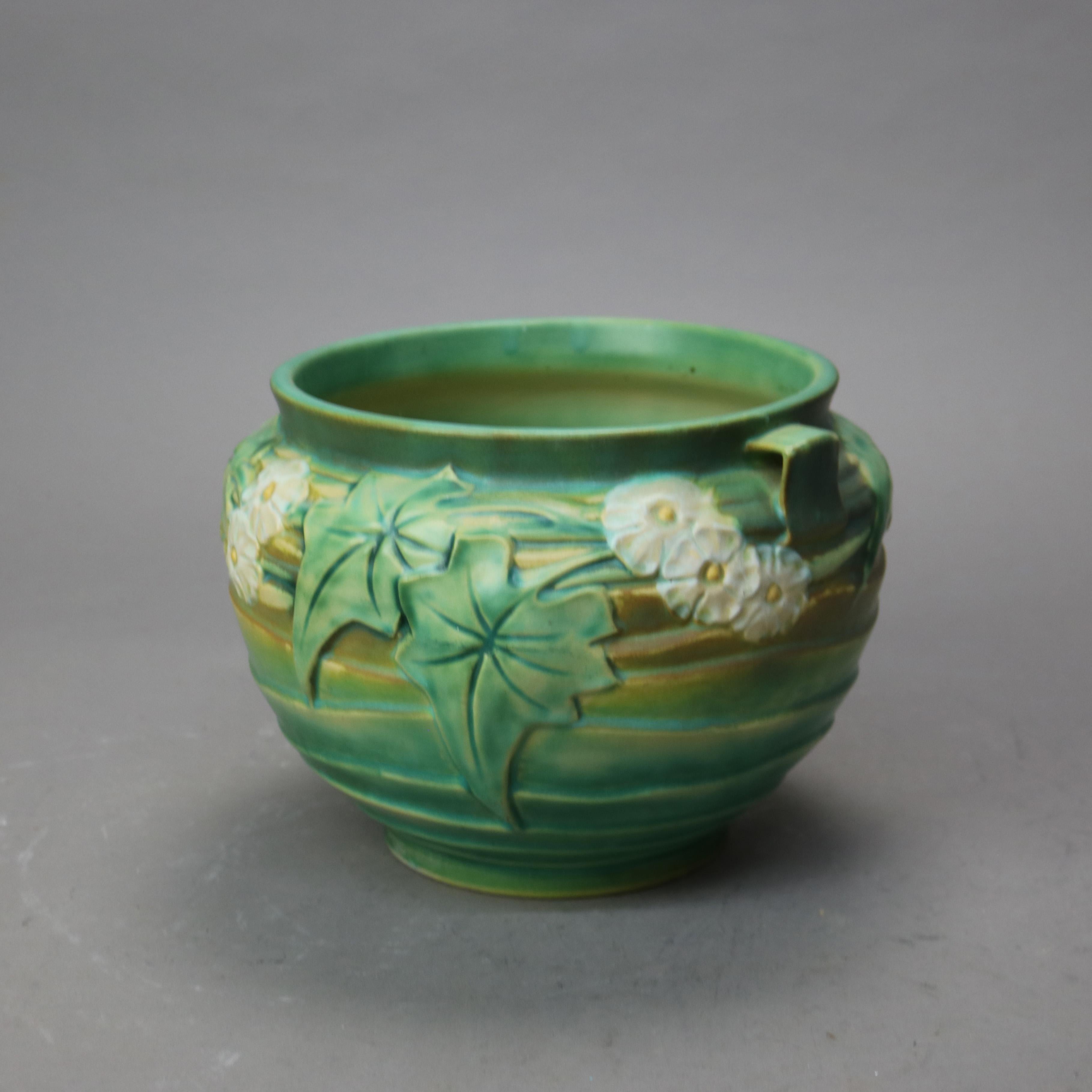20th Century Roseville Art Pottery Green Jardiniere with Luffa Pattern Mid 20thC