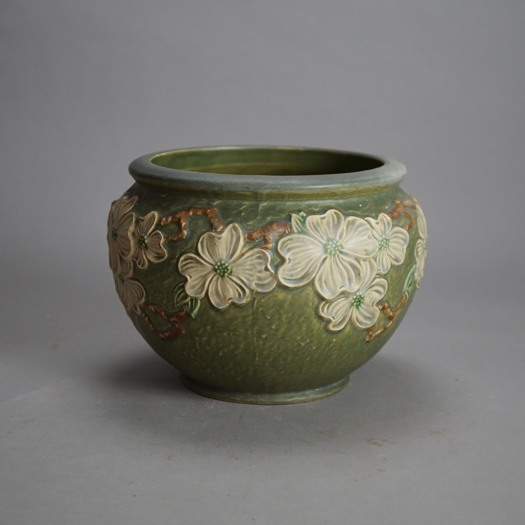 Roseville Art Pottery Green Planter with Dogwood Pattern Mid 20thC In Good Condition In Big Flats, NY