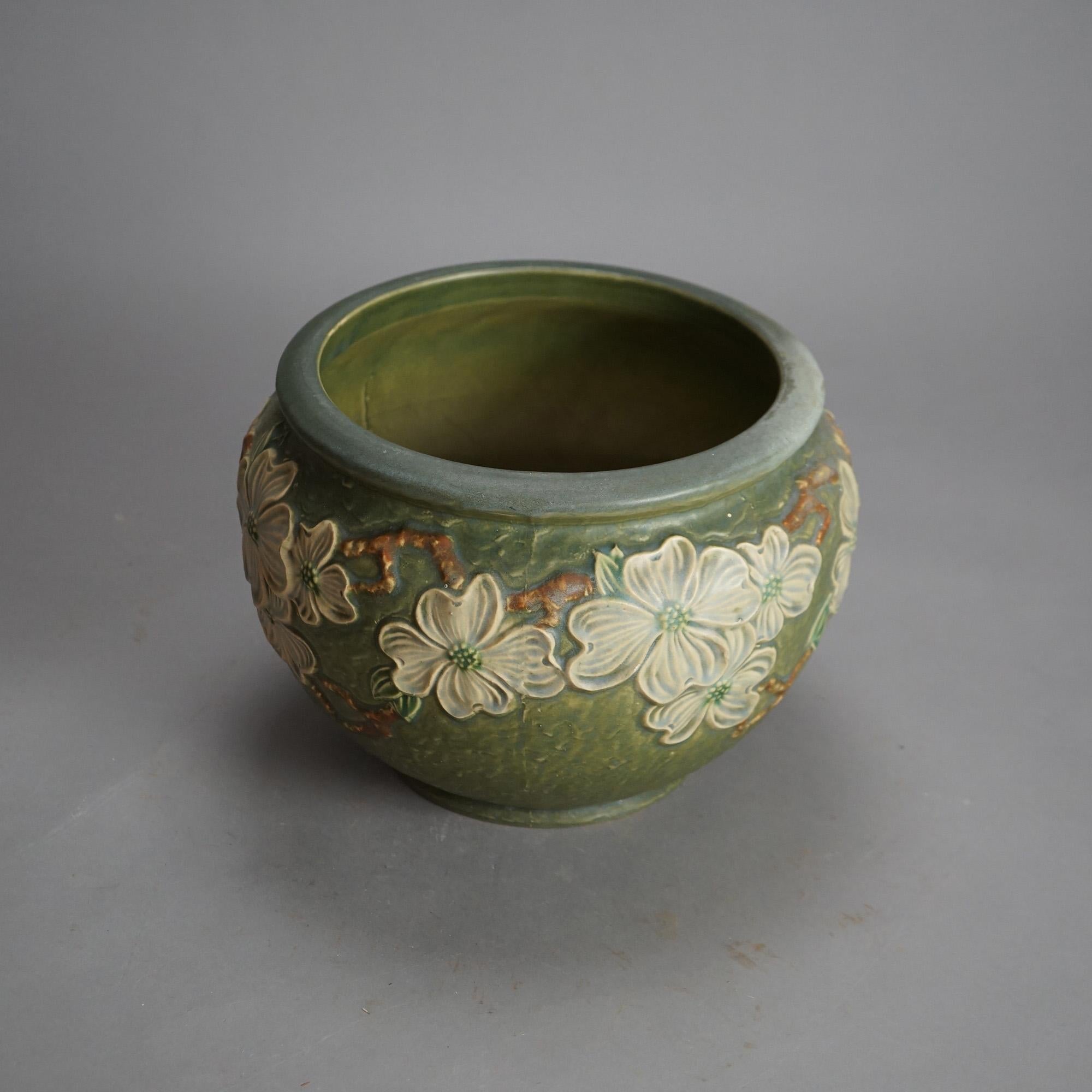 20th Century Roseville Art Pottery Green Planter with Dogwood Pattern Mid 20thC