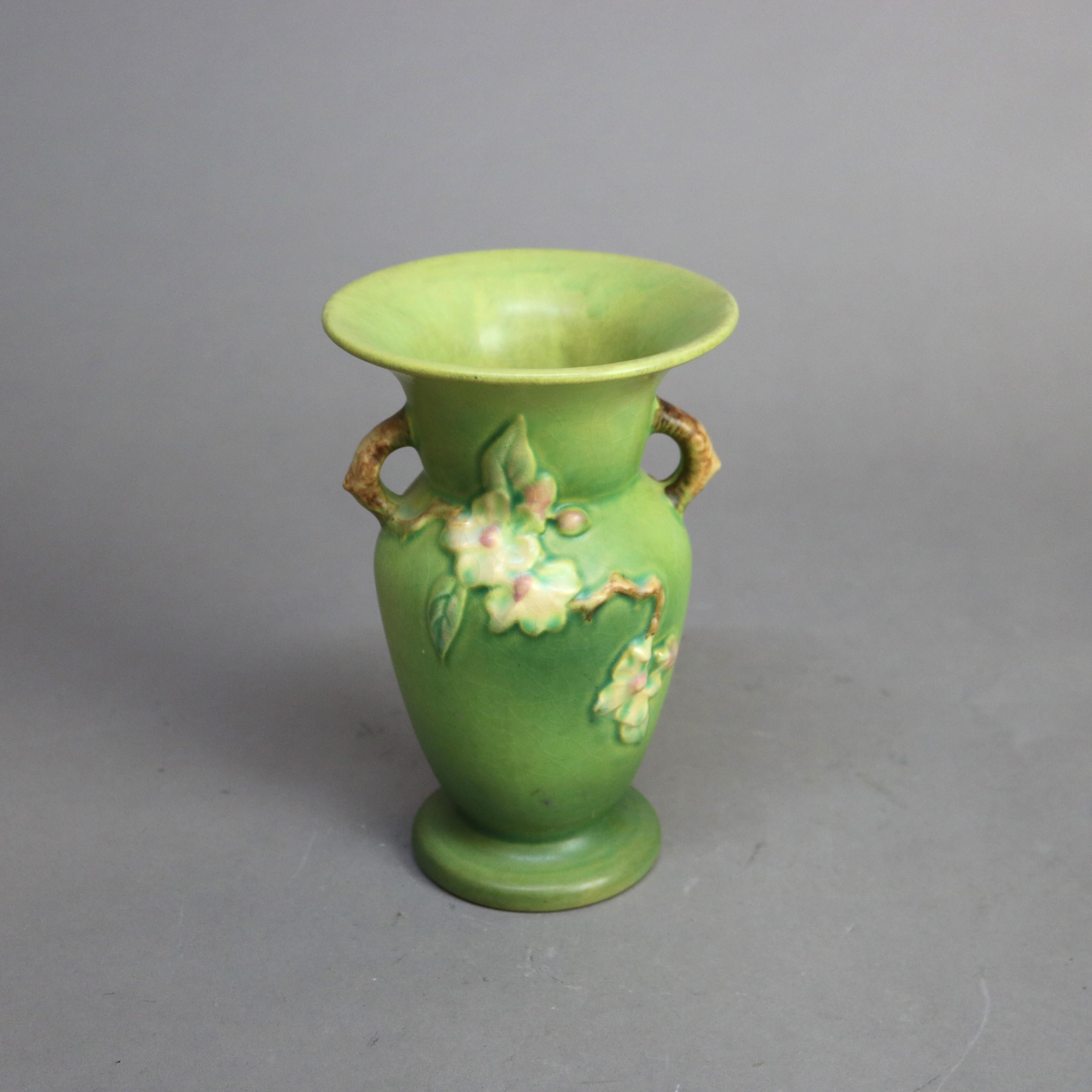 American Roseville Art Pottery Green Vase with Apple Blossom Pattern Mid 20thC