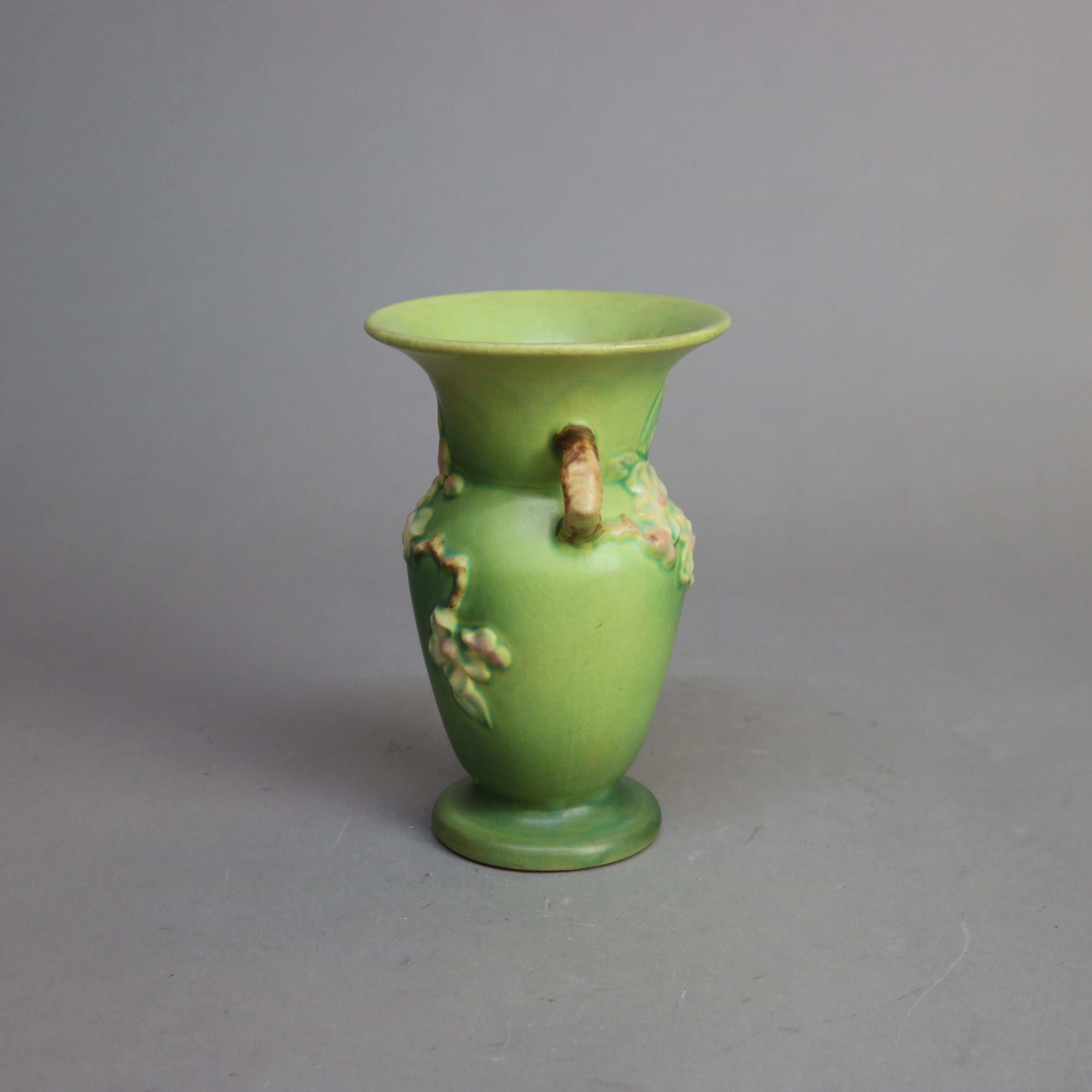 Roseville Art Pottery Green Vase with Apple Blossom Pattern Mid 20thC In Good Condition In Big Flats, NY