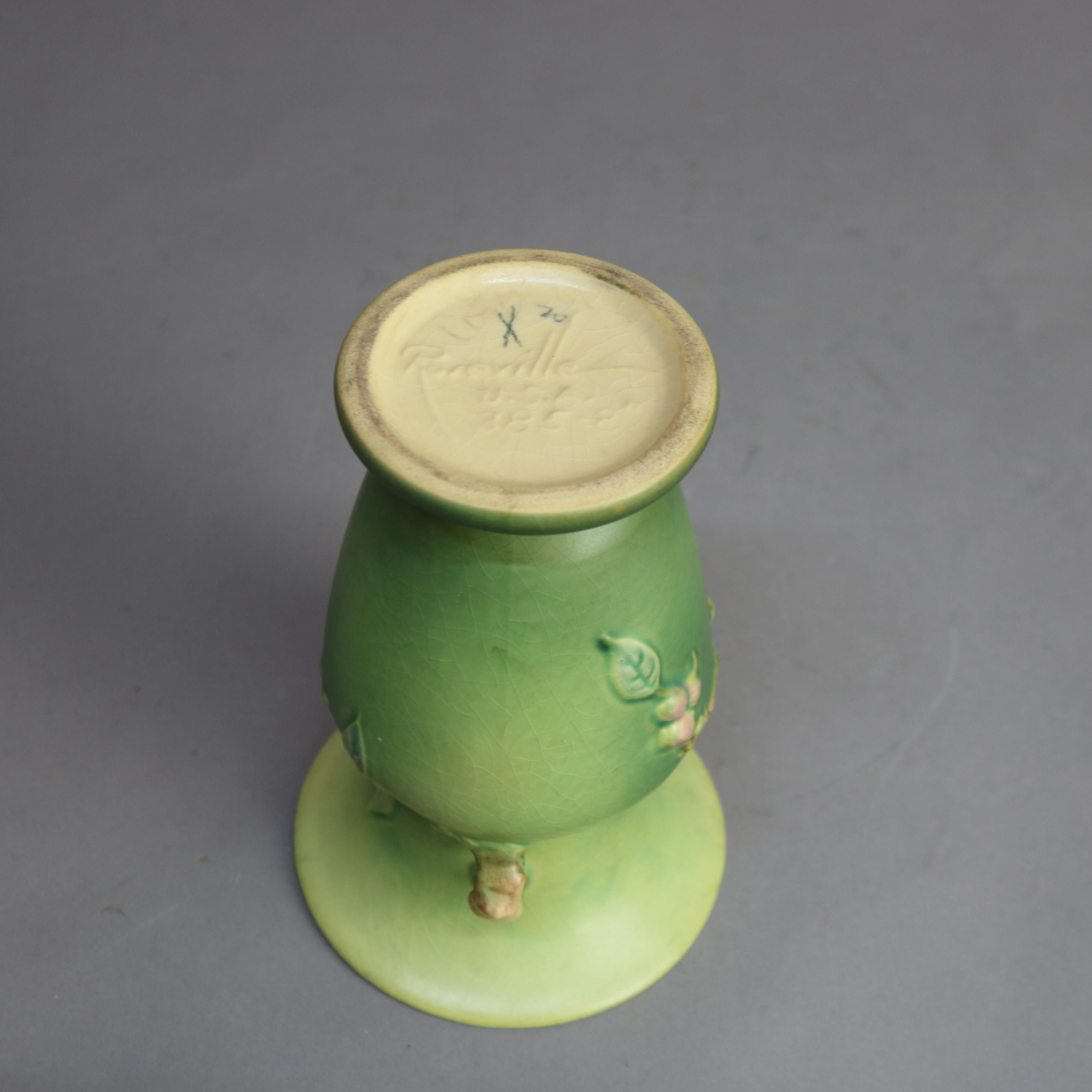20th Century Roseville Art Pottery Green Vase with Apple Blossom Pattern Mid 20thC