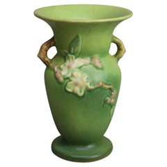 Vintage Roseville Art Pottery Green Vase with Apple Blossom Pattern Mid 20thC
