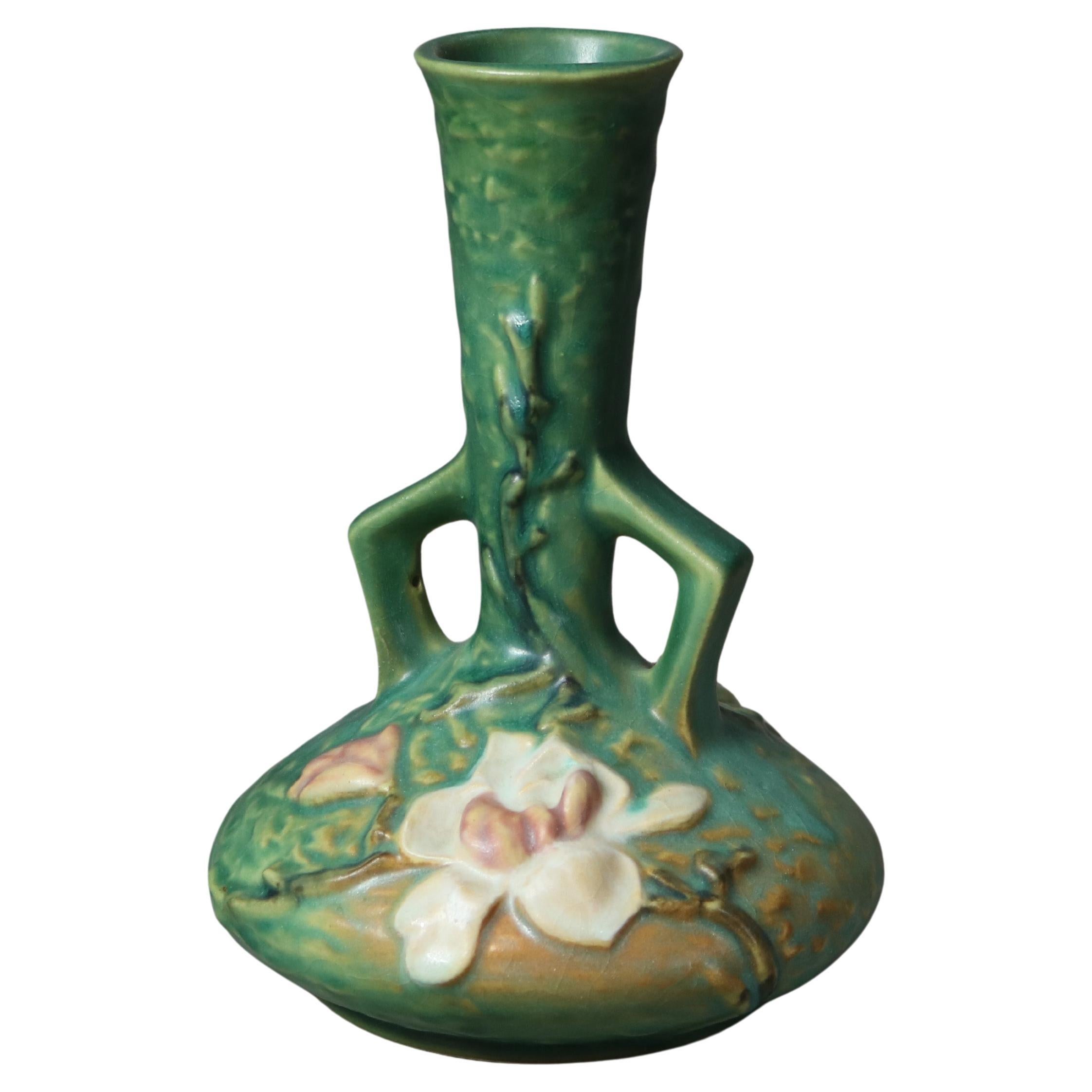 Roseville Art Pottery Green Vase with Magnolia Pattern Mid 20thC