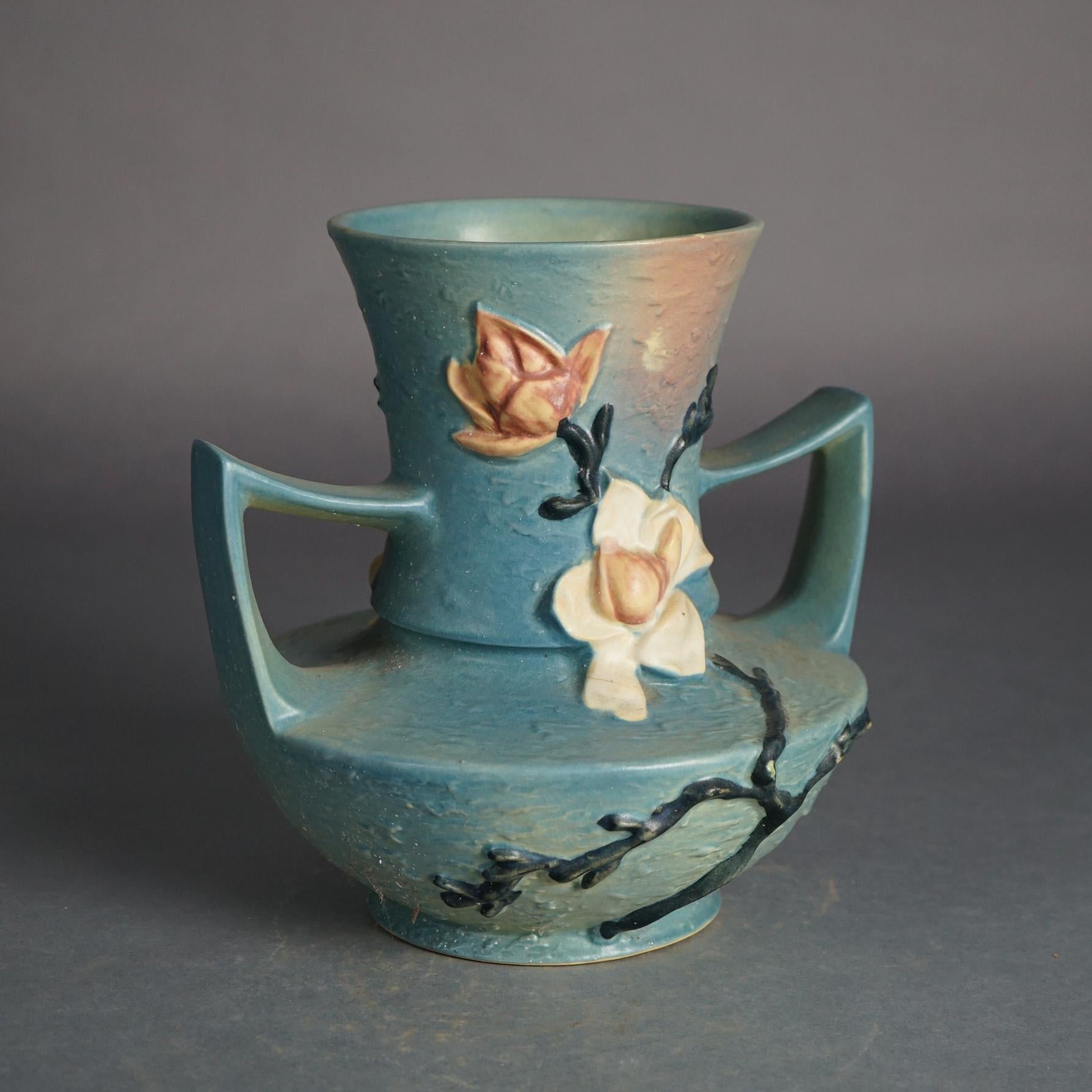 Roseville Art Pottery Handled Blue Vase With Magnolia Pattern C1943

Measures - 9.25