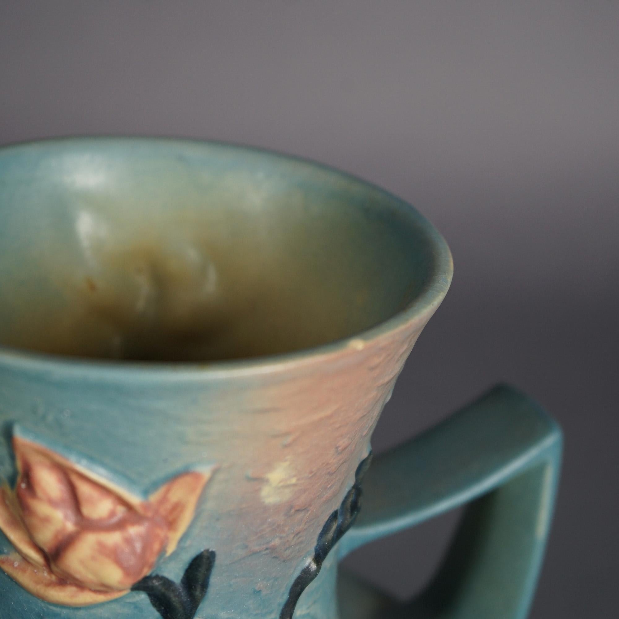 Arts and Crafts Roseville Art Pottery Handled Blue Vase With Magnolia Pattern C1943