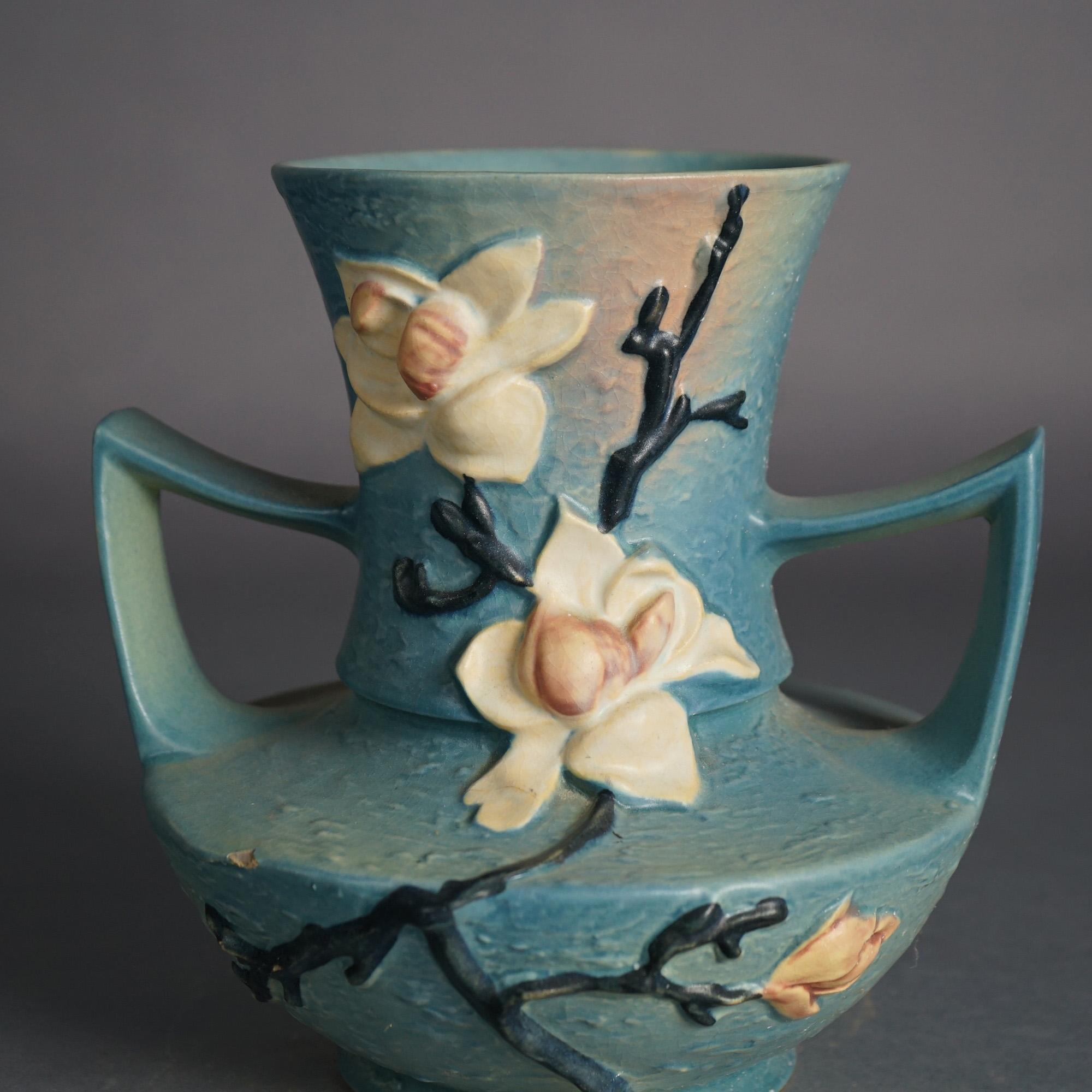 Roseville Art Pottery Handled Blue Vase With Magnolia Pattern C1943 In Good Condition In Big Flats, NY