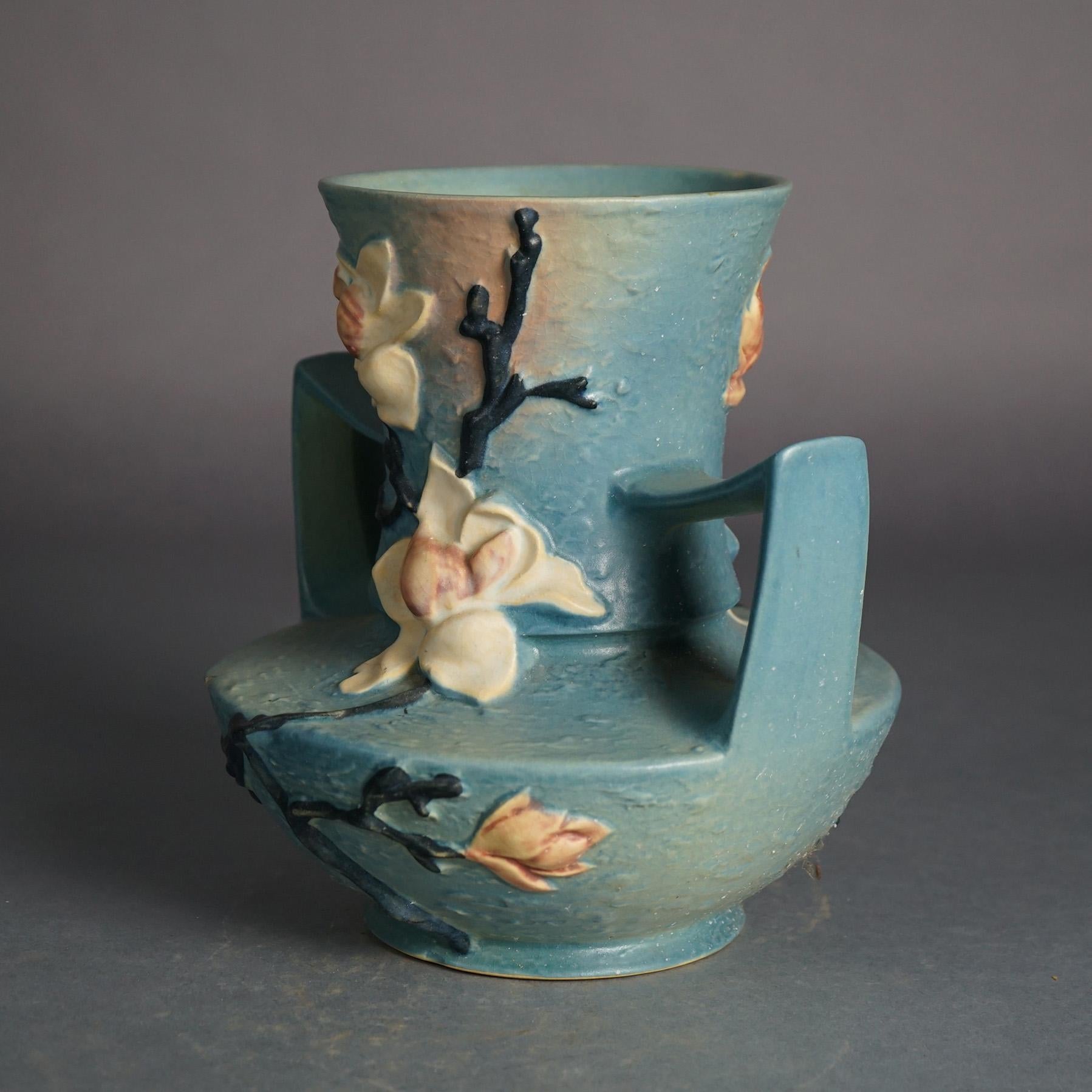 20th Century Roseville Art Pottery Handled Blue Vase With Magnolia Pattern C1943