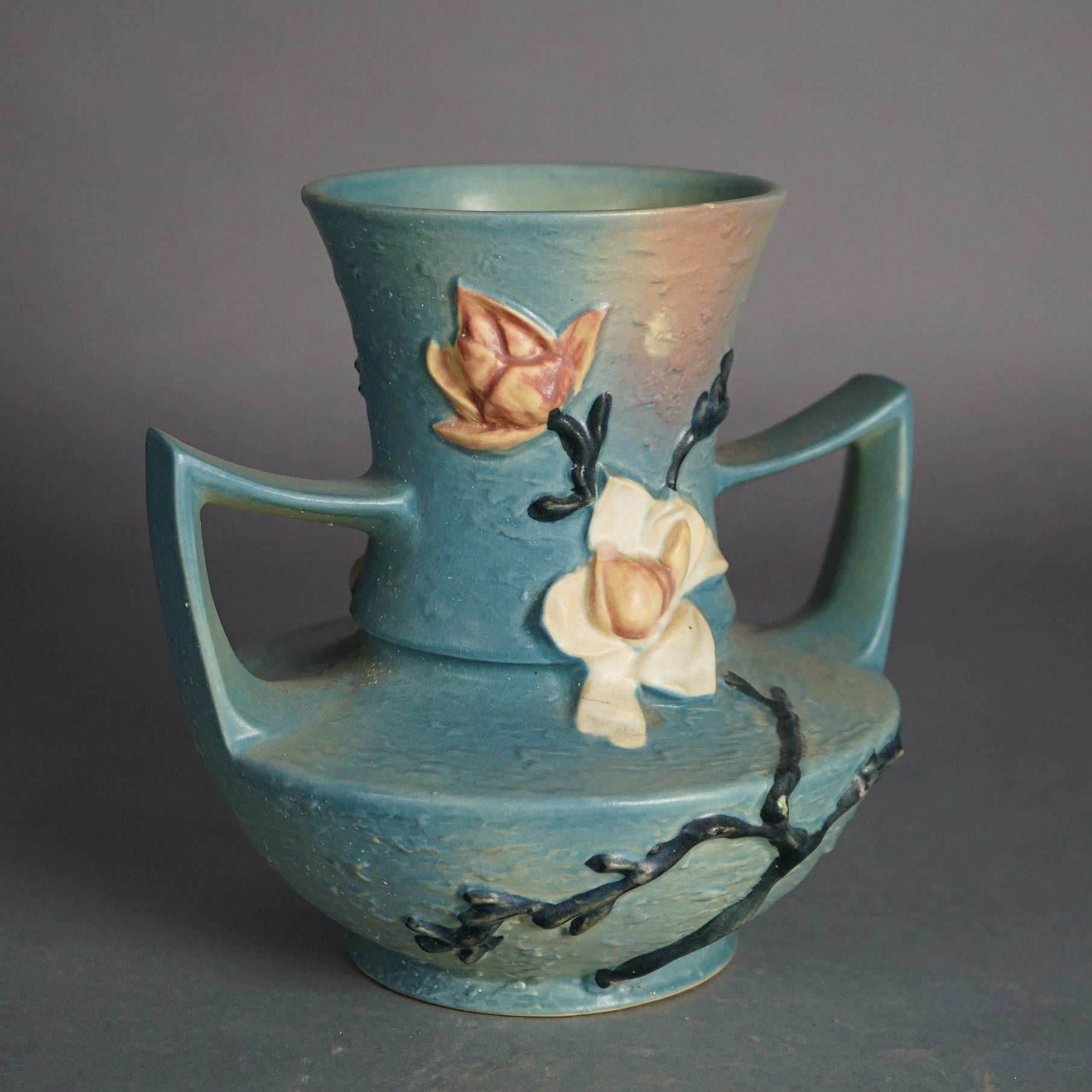 Roseville Art Pottery Handled Blue Vase With Magnolia Pattern C1943 1
