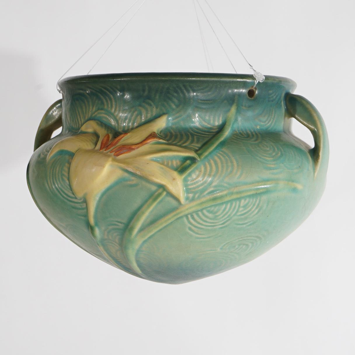 Arts and Crafts Roseville Art Pottery Hanging Planter With Zephyr Lily Pattern C1946