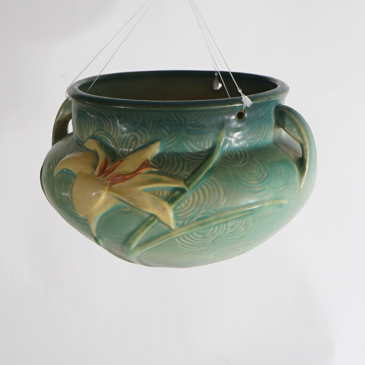 Roseville Art Pottery Hanging Planter With Zephyr Lily Pattern C1946 In Good Condition In Big Flats, NY