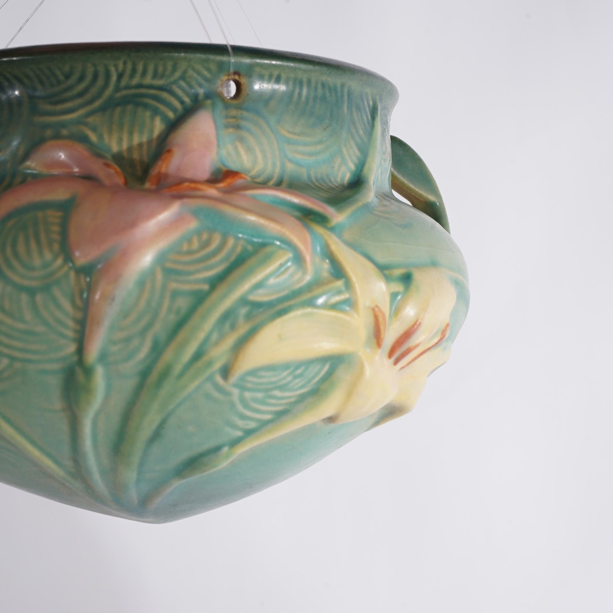 20th Century Roseville Art Pottery Hanging Planter With Zephyr Lily Pattern C1946