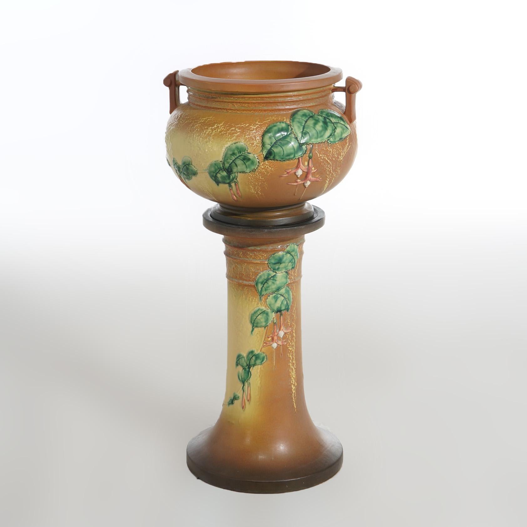 Arts and Crafts Roseville Art Pottery Jardiniere & Pedestal with Fuschia Pattern Mid 20thC