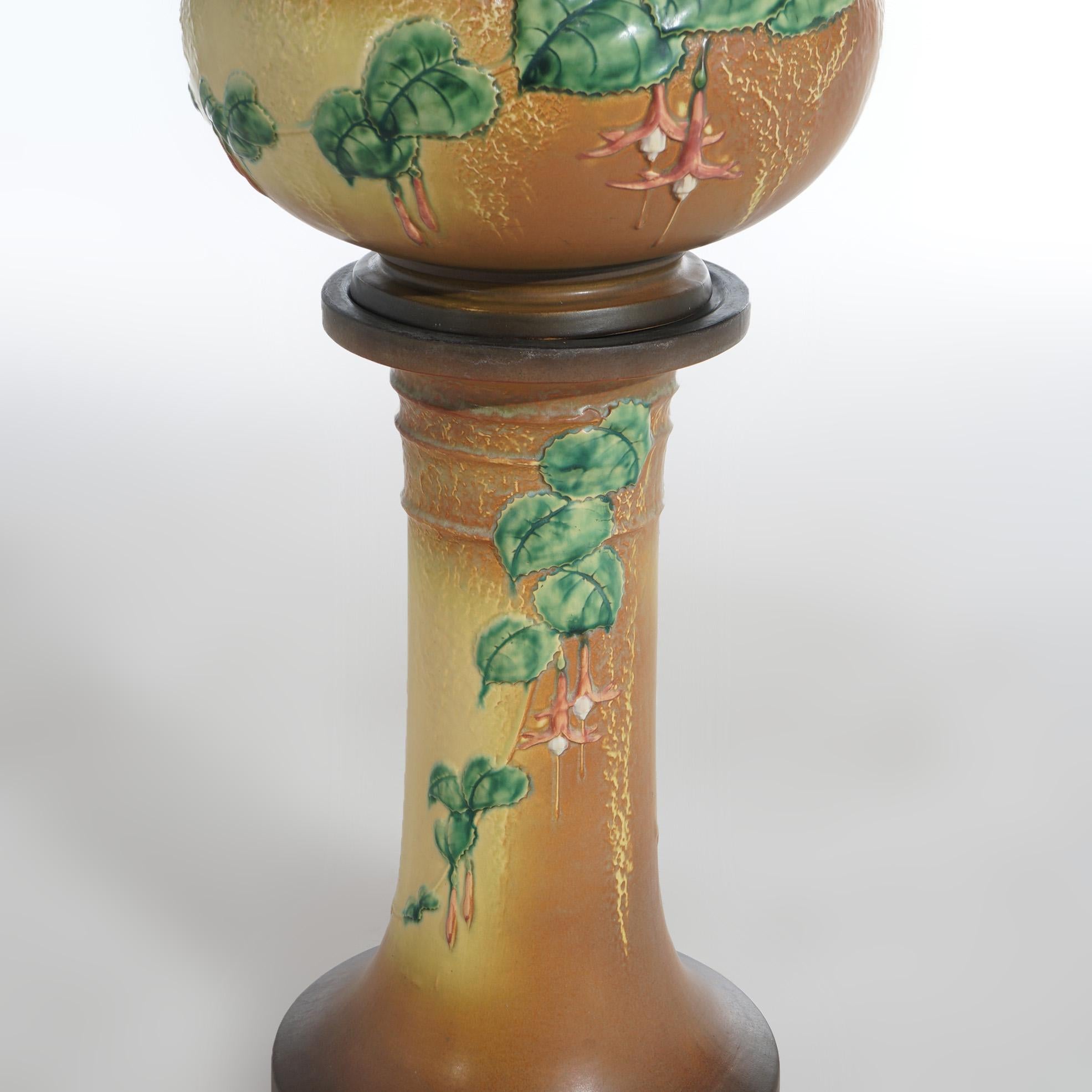 20th Century Roseville Art Pottery Jardiniere & Pedestal with Fuschia Pattern Mid 20thC