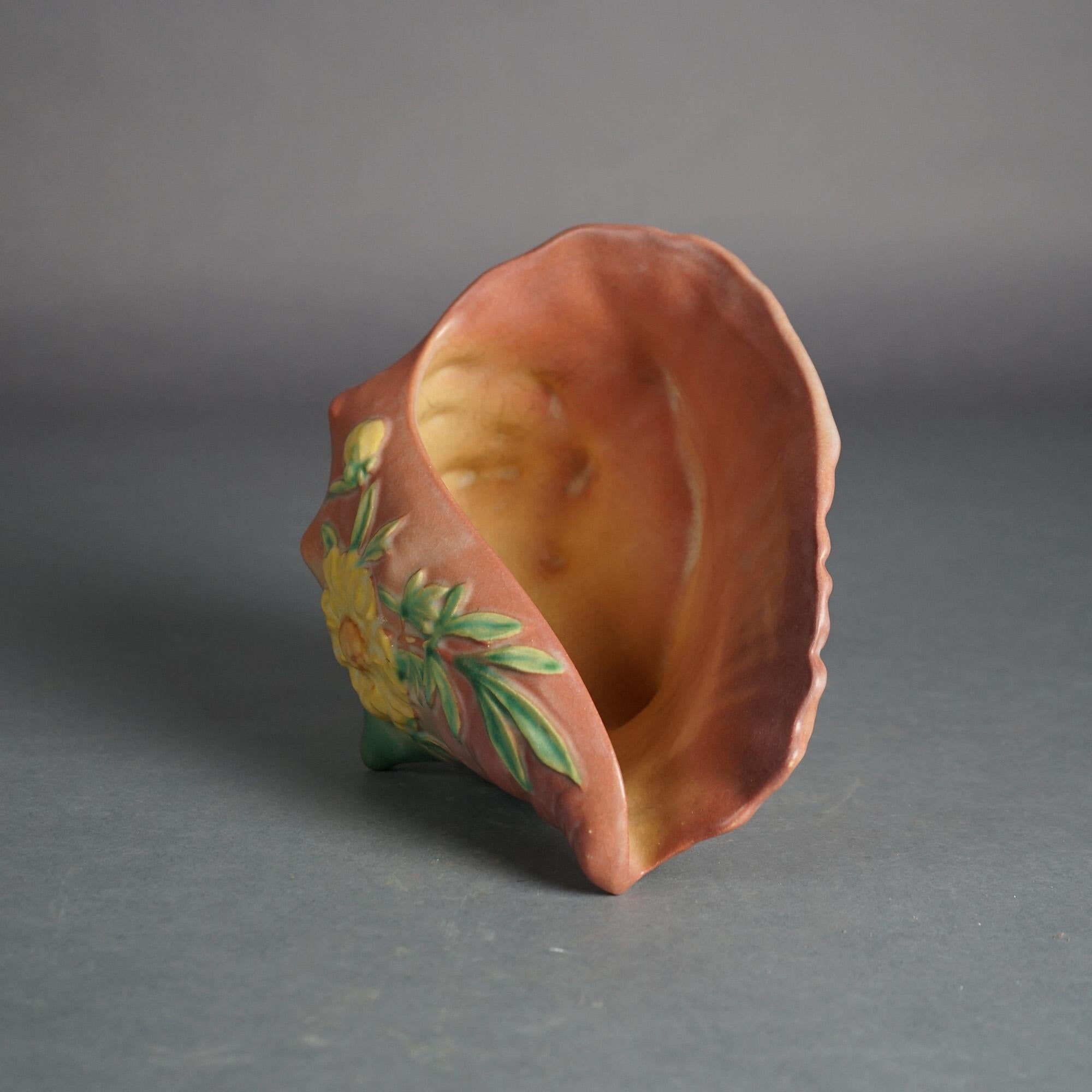 Arts and Crafts Roseville Art Pottery Pink Conch Shell with Yellow Peony Pattern C1942