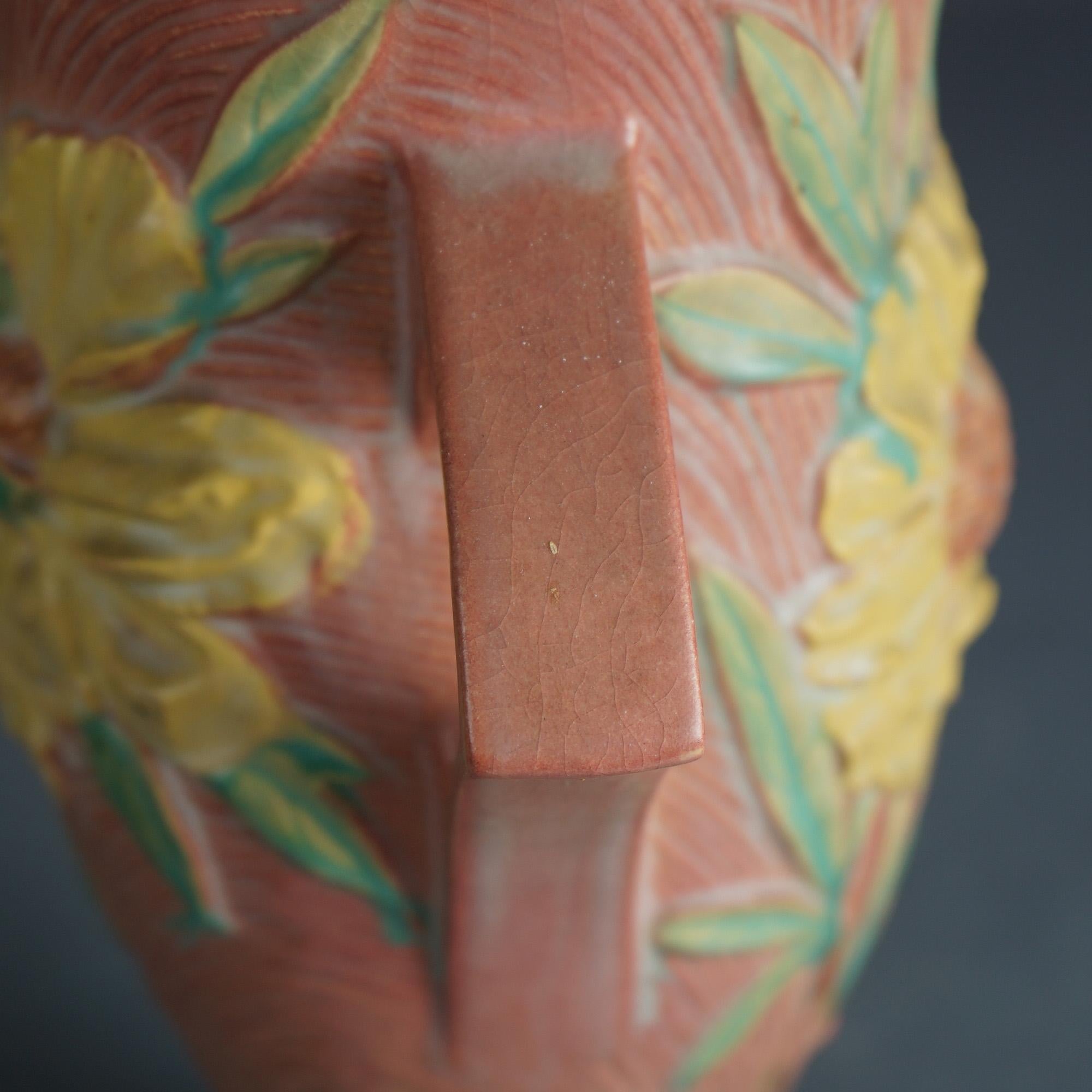 Roseville Art Pottery Pink Conch Shell with Yellow Peony Pattern C1942 In Good Condition In Big Flats, NY