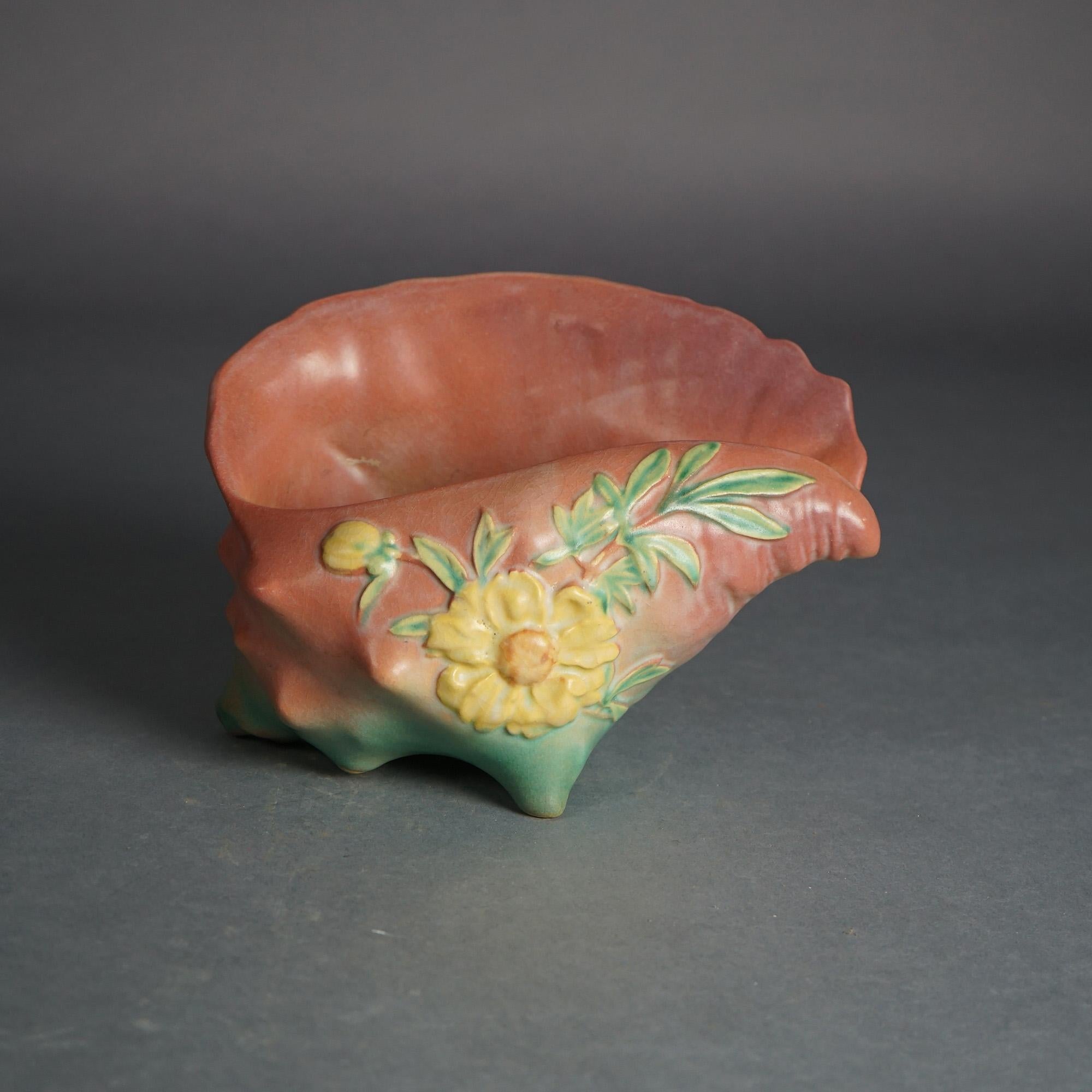 Roseville Art Pottery Pink Conch Shell with Yellow Peony Pattern C1942 3