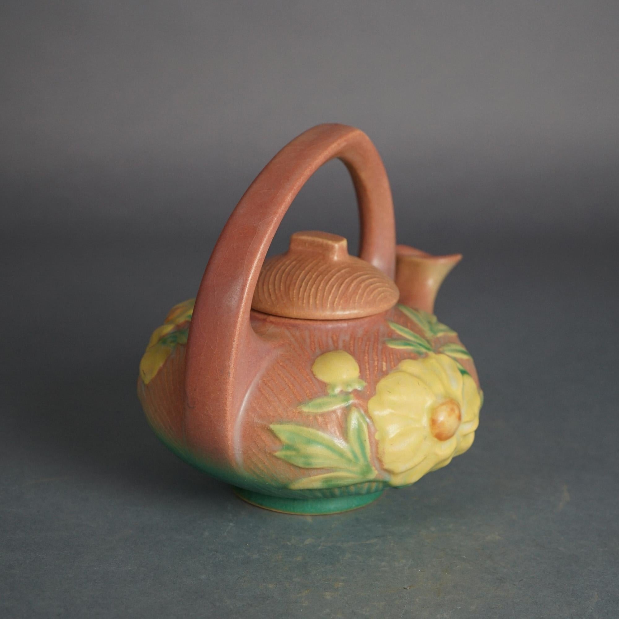 Arts and Crafts Roseville Art Pottery Pink Teapot with Yellow Peony Pattern C1942