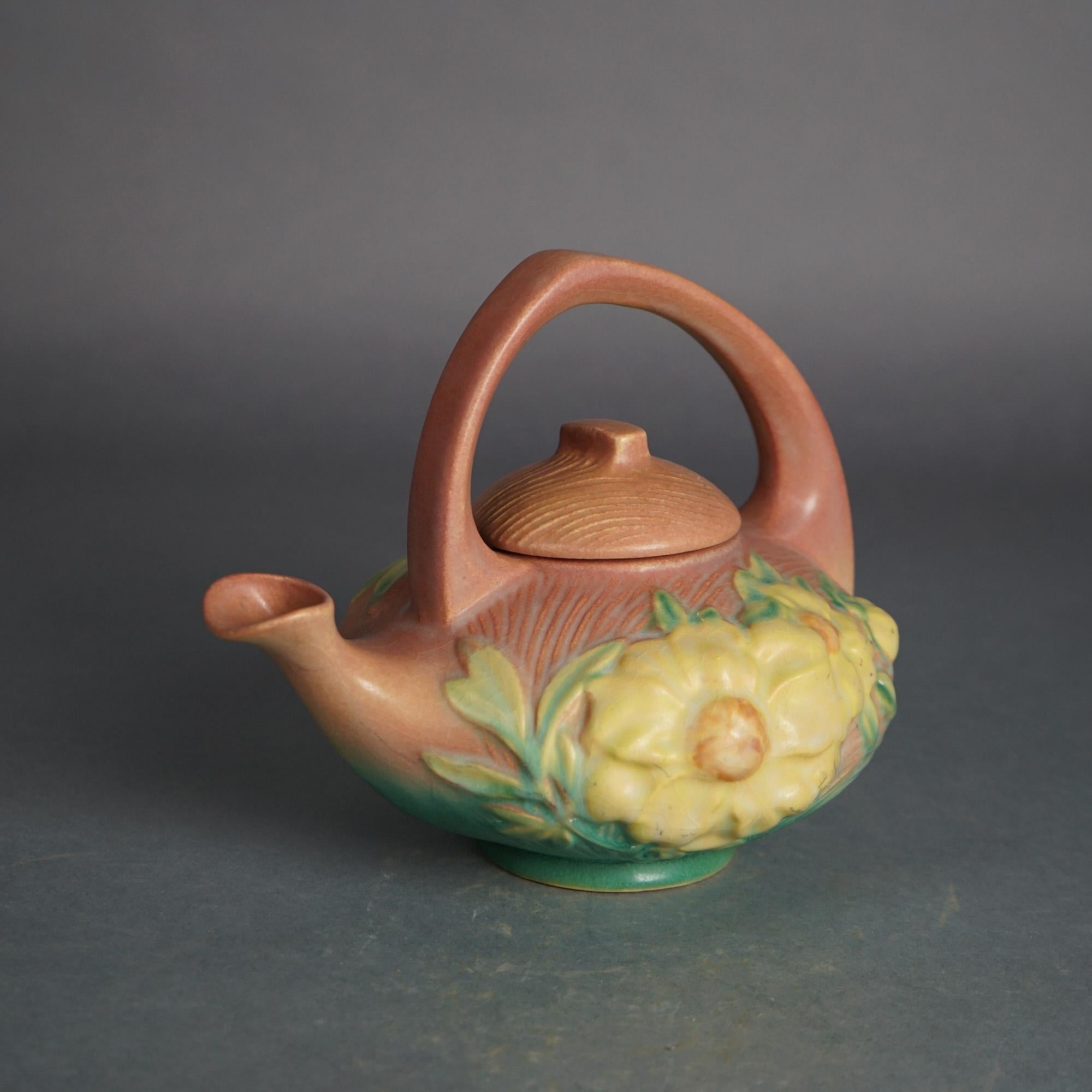American Roseville Art Pottery Pink Teapot with Yellow Peony Pattern C1942
