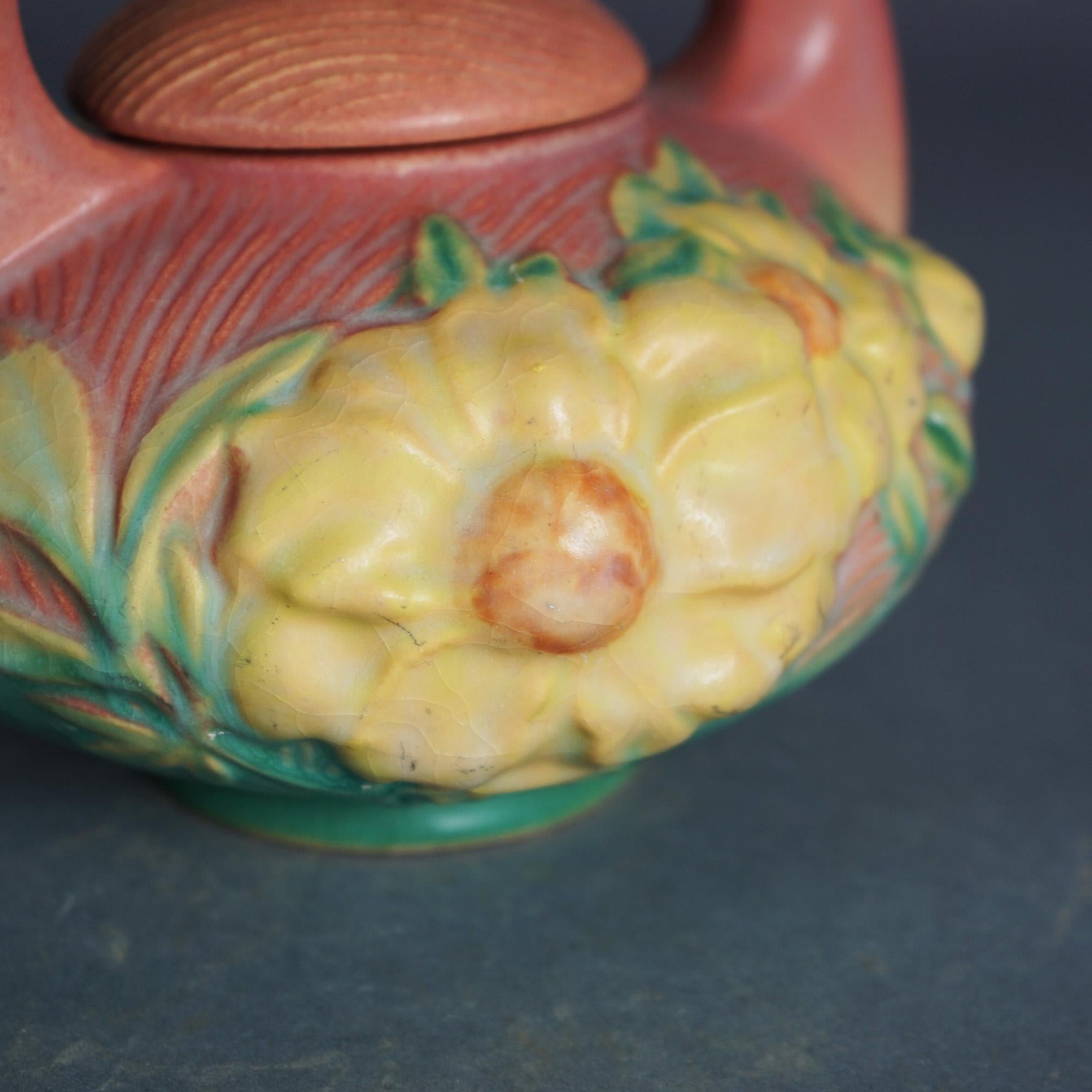 Roseville Art Pottery Pink Teapot with Yellow Peony Pattern C1942 In Good Condition In Big Flats, NY