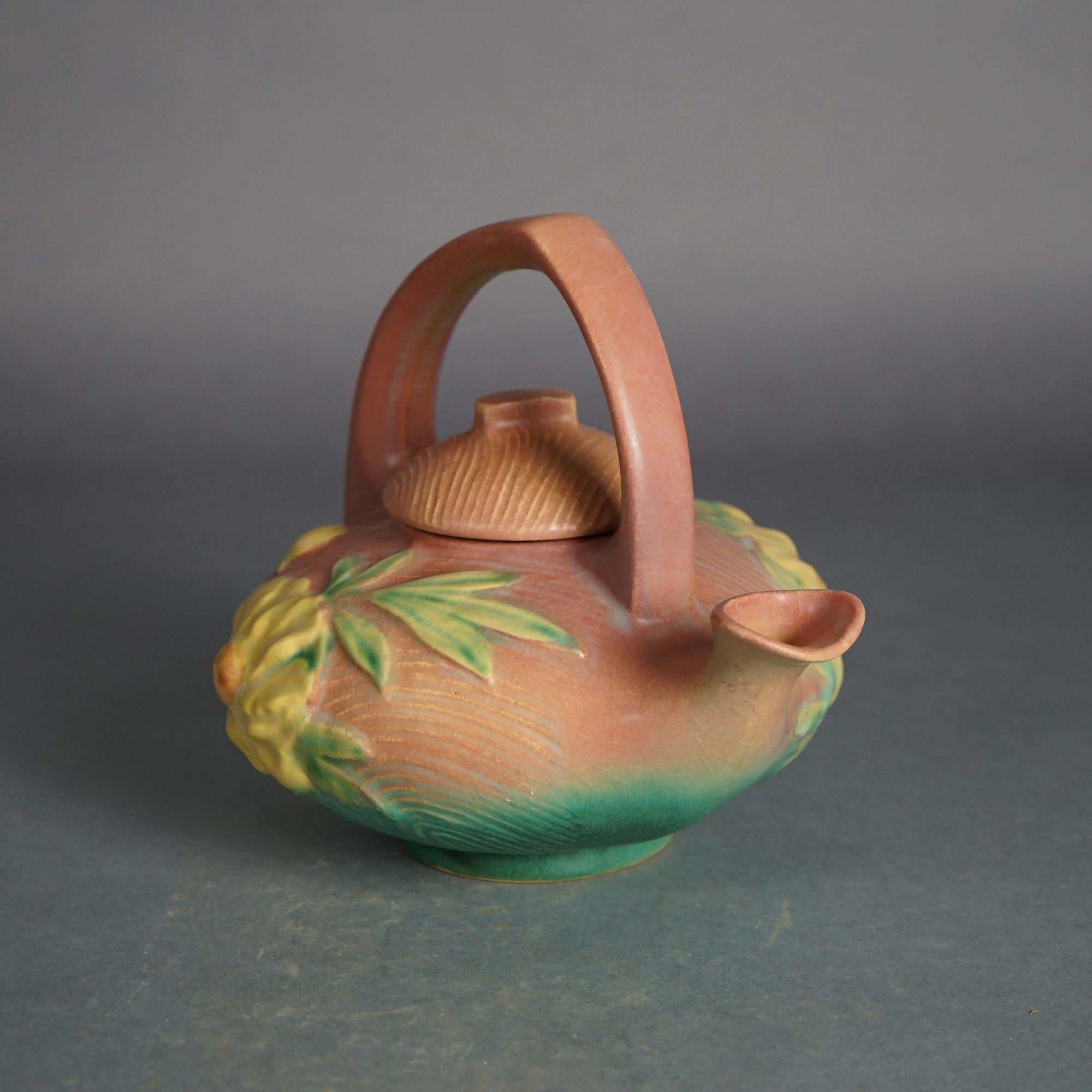 Roseville Art Pottery Pink Teapot with Yellow Peony Pattern C1942 2