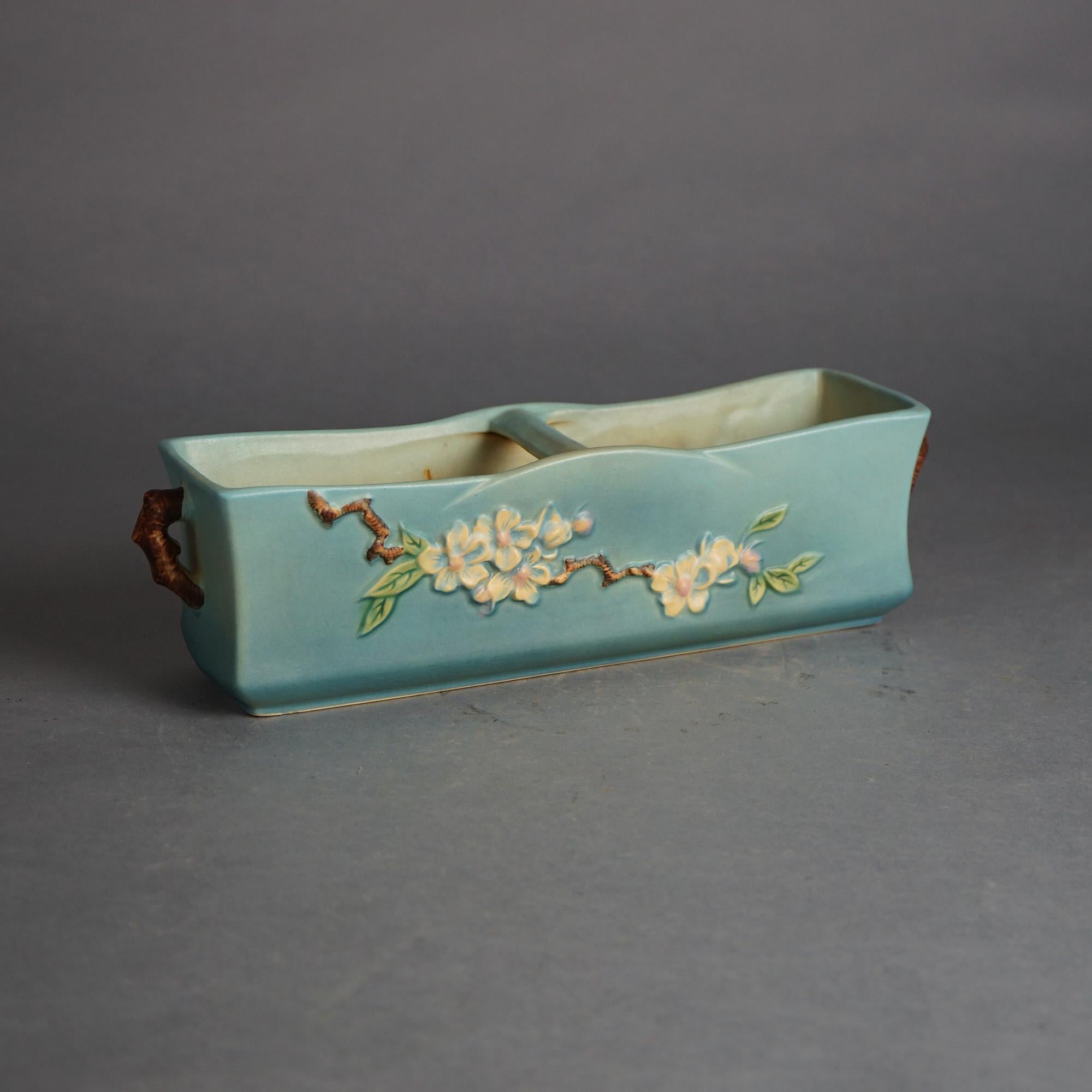 Roseville Art Pottery Rectangular Planter with Twig Handles, Apple Blossom in Blue, 1948

Measures - 4