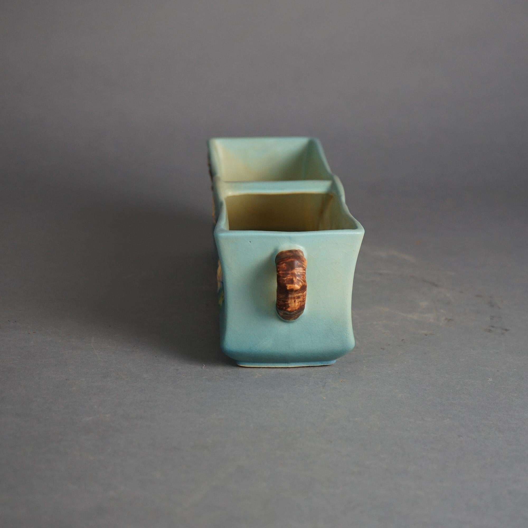Arts and Crafts Roseville Art Pottery Rectangular Planter with Twig, Apple Blossom in Blue, 1948