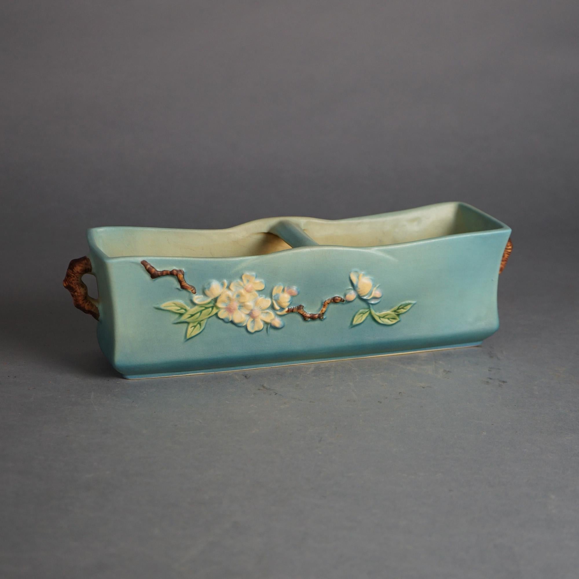 Roseville Art Pottery Rectangular Planter with Twig, Apple Blossom in Blue, 1948 In Good Condition In Big Flats, NY