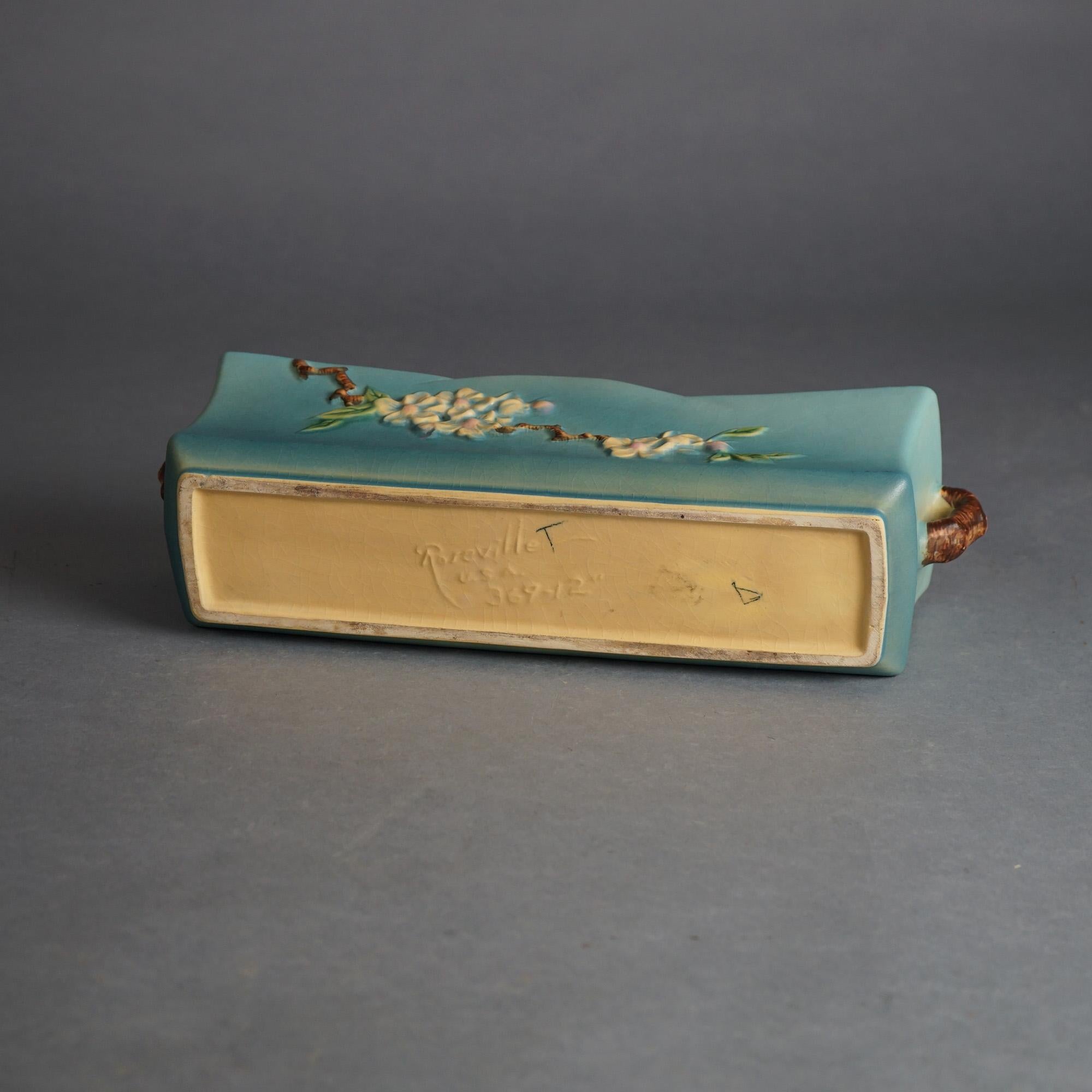 20th Century Roseville Art Pottery Rectangular Planter with Twig, Apple Blossom in Blue, 1948
