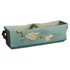 Roseville Art Pottery Rectangular Planter with Twig, Apple Blossom in Blue, 1948