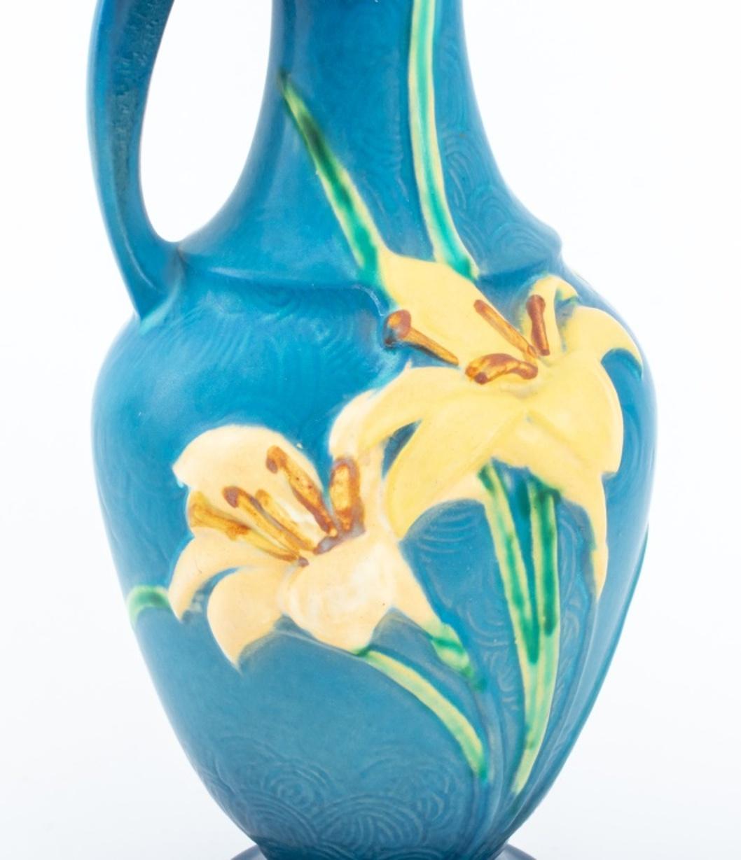 Roseville Blue Zephyr Lily Ceramic Ewers, Pair 4