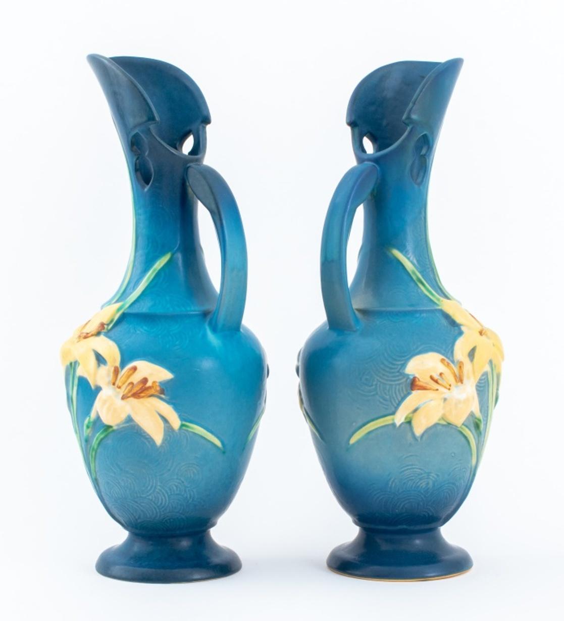 American Classical Roseville Blue Zephyr Lily Ceramic Ewers, Pair