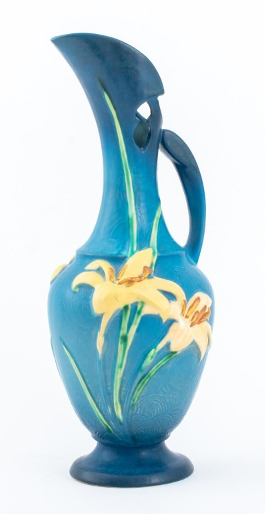20th Century Roseville Blue Zephyr Lily Ceramic Ewers, Pair