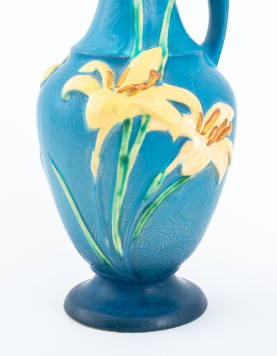 Roseville Blue Zephyr Lily Ceramic Ewers, Pair 1