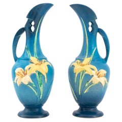Vintage Roseville Blue Zephyr Lily Ceramic Ewers, Pair