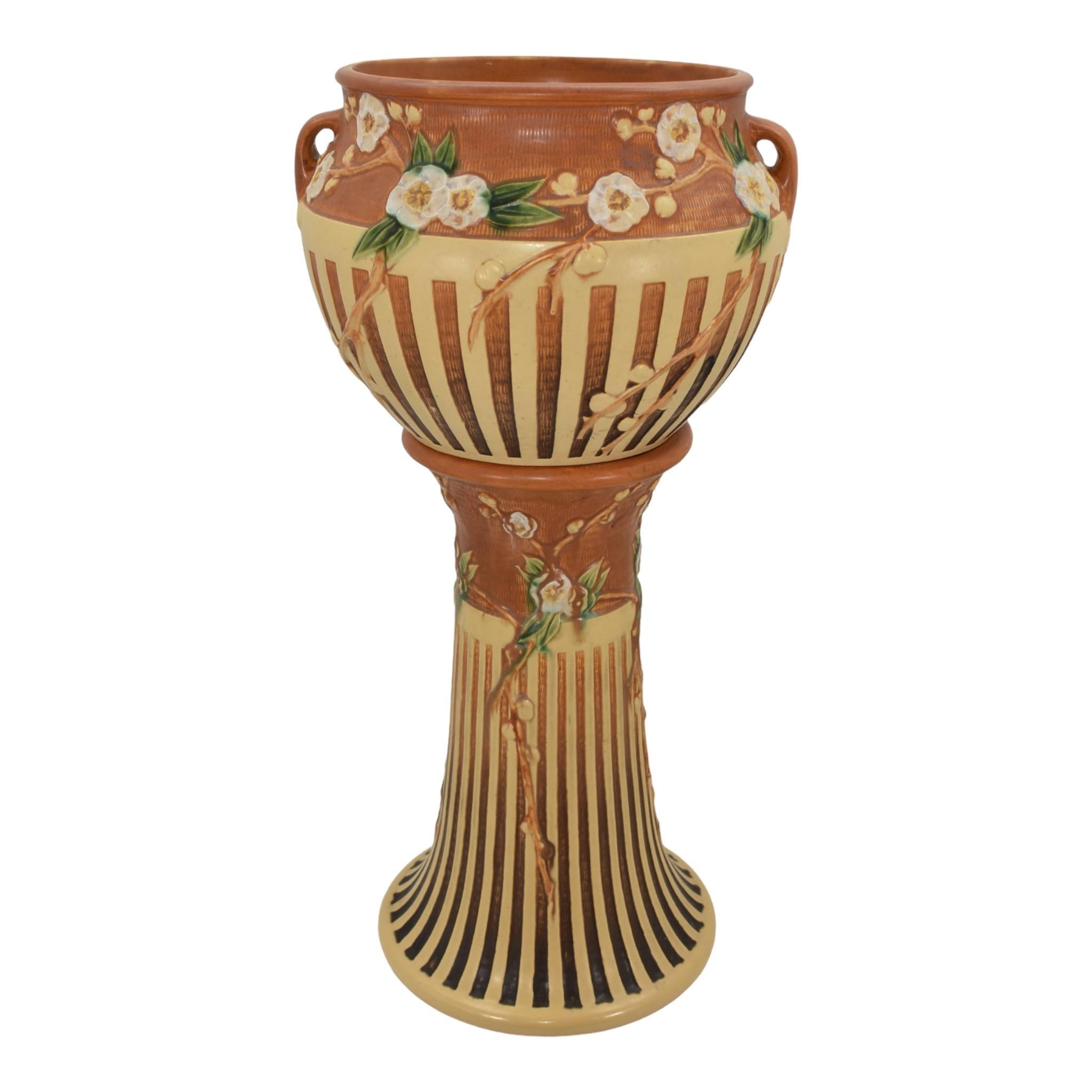 Art Deco Roseville Cherry Blossom Brown 1933 Pottery Ceramic Jardiniere Pedestal 627 For Sale