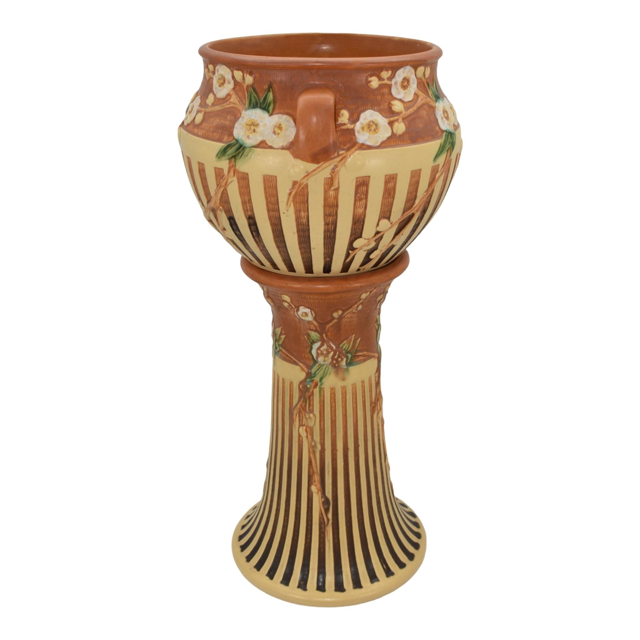 Art Deco Roseville Cherry Blossom Brown 1933 Pottery Ceramic Jardiniere Pedestal 627 For Sale